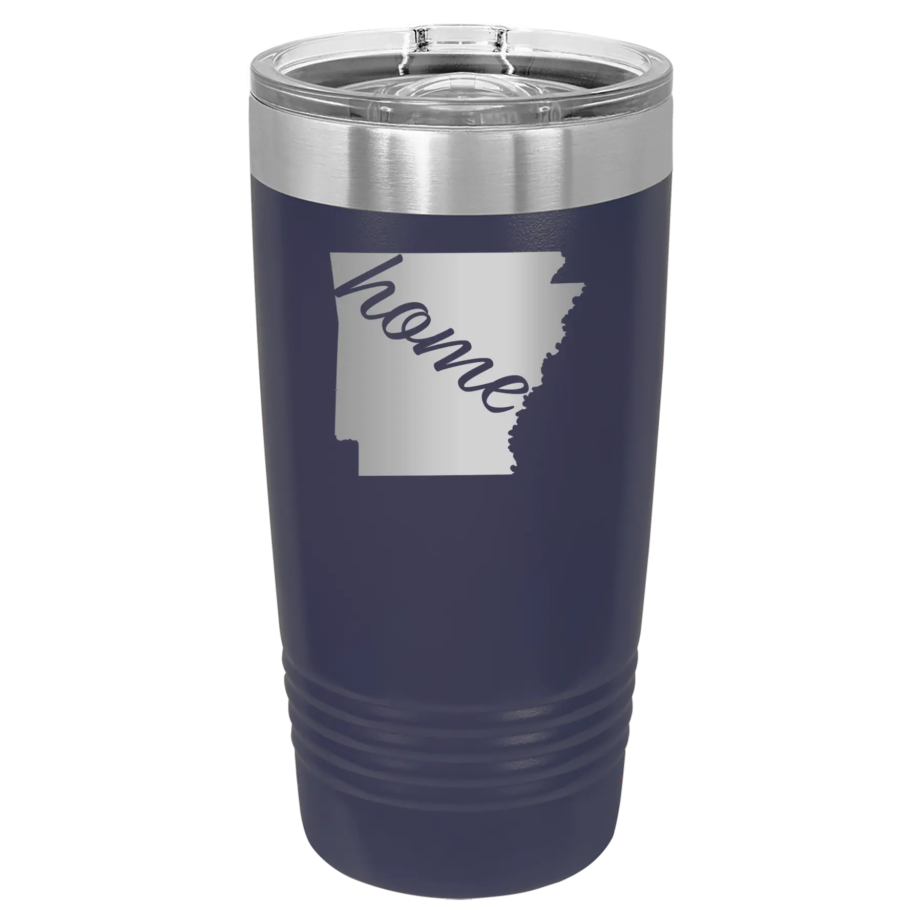 Laser etched navy 20 oz vacuum insulated tumbler with 'Arkansas Home' design