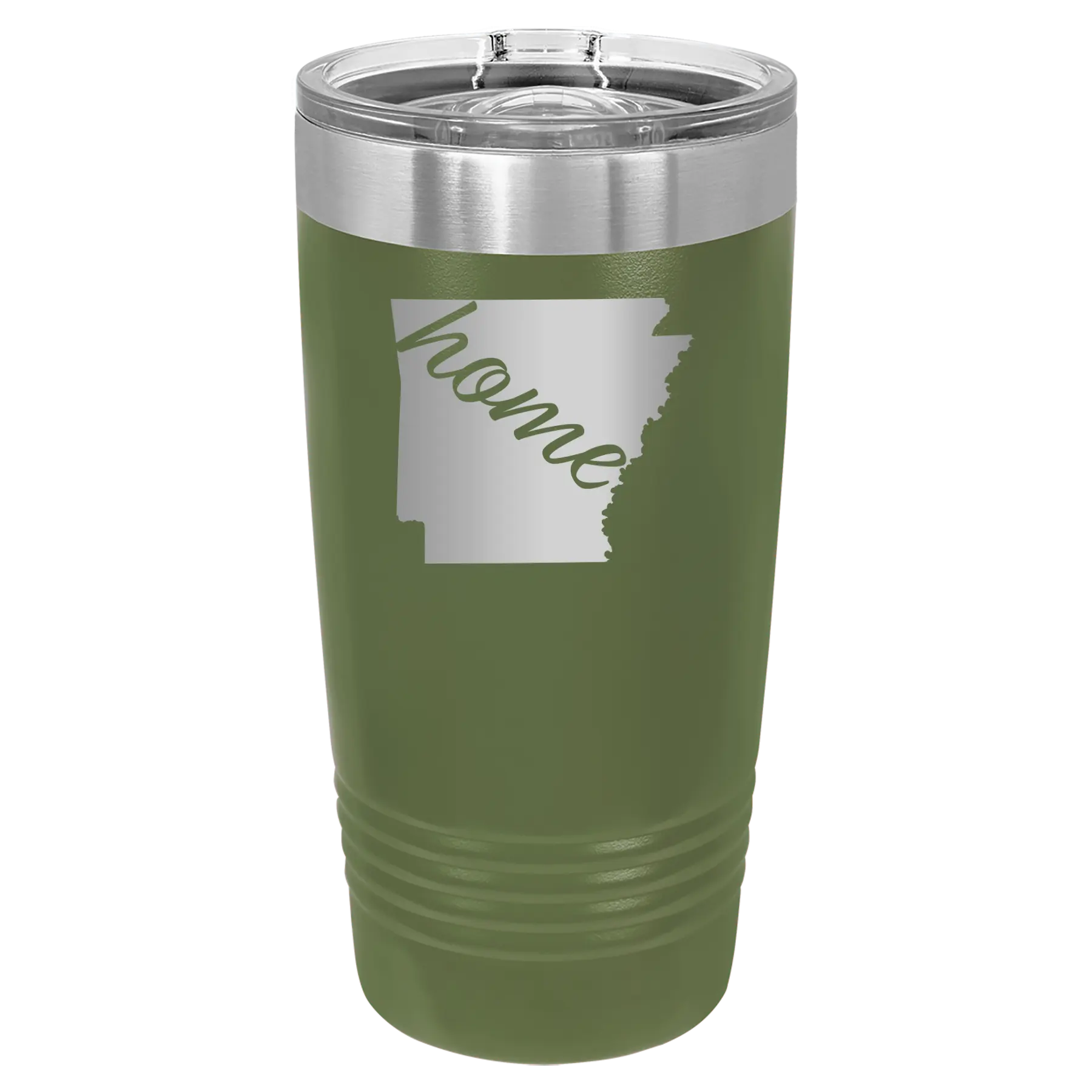 Laser etched olive green 20 oz vacuum insulated tumbler with 'Arkansas Home' design