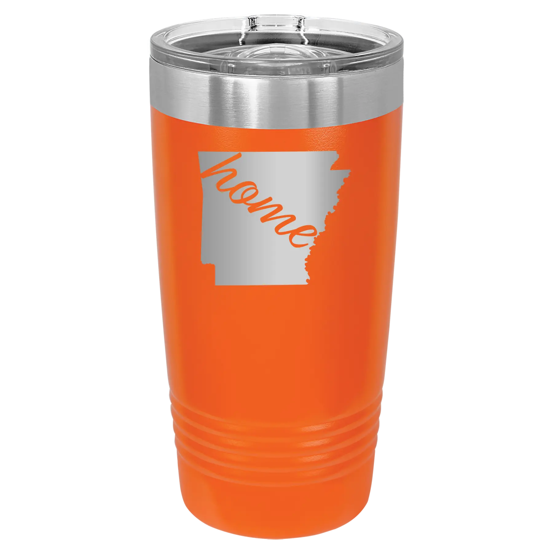 Laser etched orange 20 oz vacuum insulated tumbler with 'Arkansas Home' design
