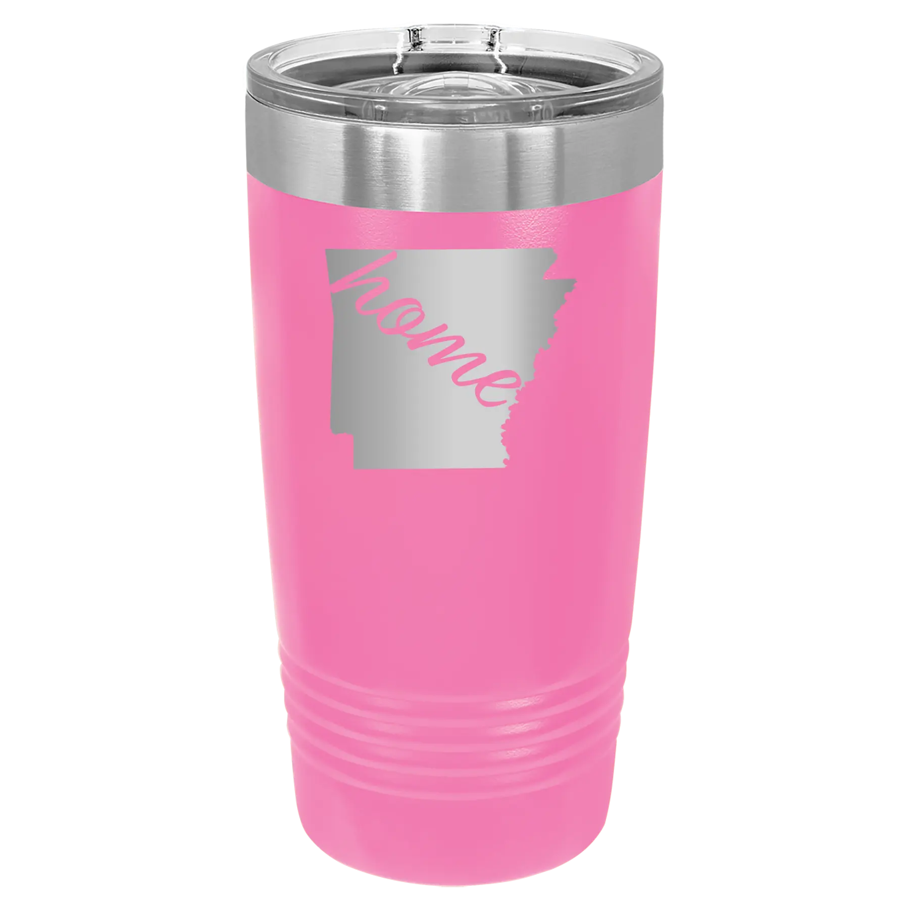 Laser etched pink 20 oz vacuum insulated tumbler with 'Arkansas Home' design