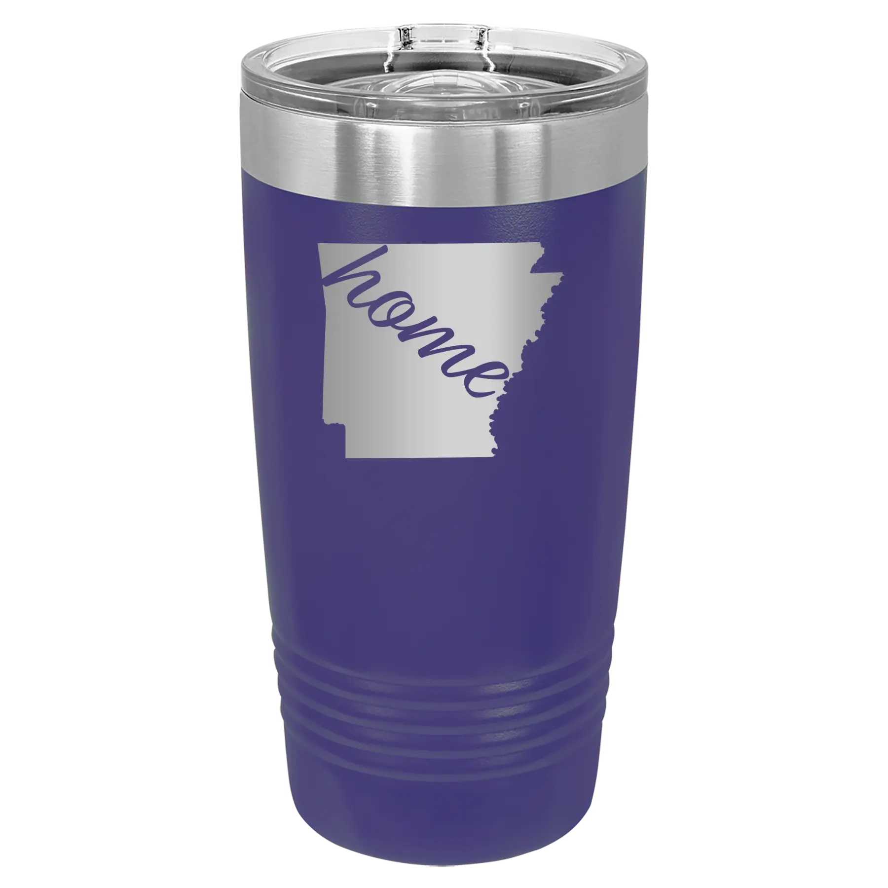 Laser etched purple 20 oz vacuum insulated tumbler with 'Arkansas Home' design