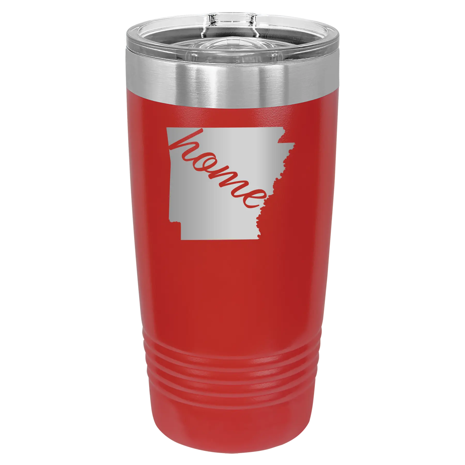 Laser etched red 20 oz vacuum insulated tumbler with 'Arkansas Home' design