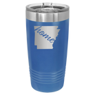 Laser etched royal blue 20 oz vacuum insulated tumbler with 'Arkansas Home' design