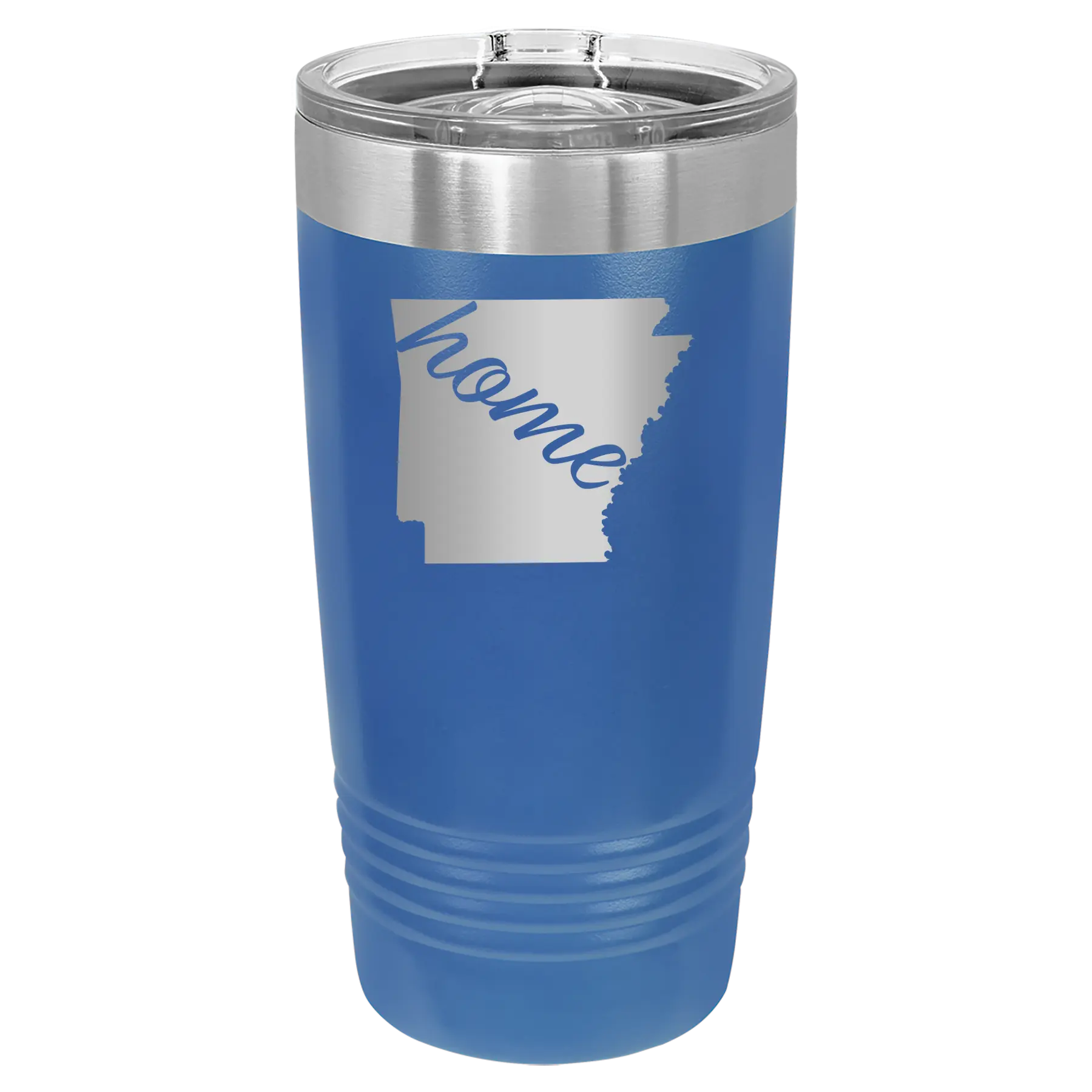 Laser etched royal blue 20 oz vacuum insulated tumbler with 'Arkansas Home' design