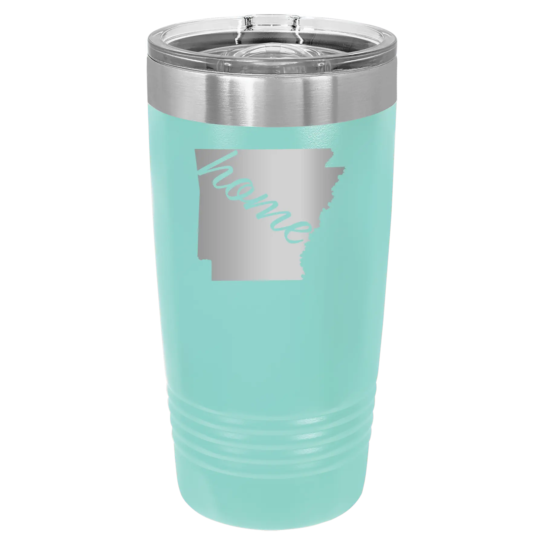 Laser etched teal 20 oz vacuum insulated tumbler with 'Arkansas Home' design