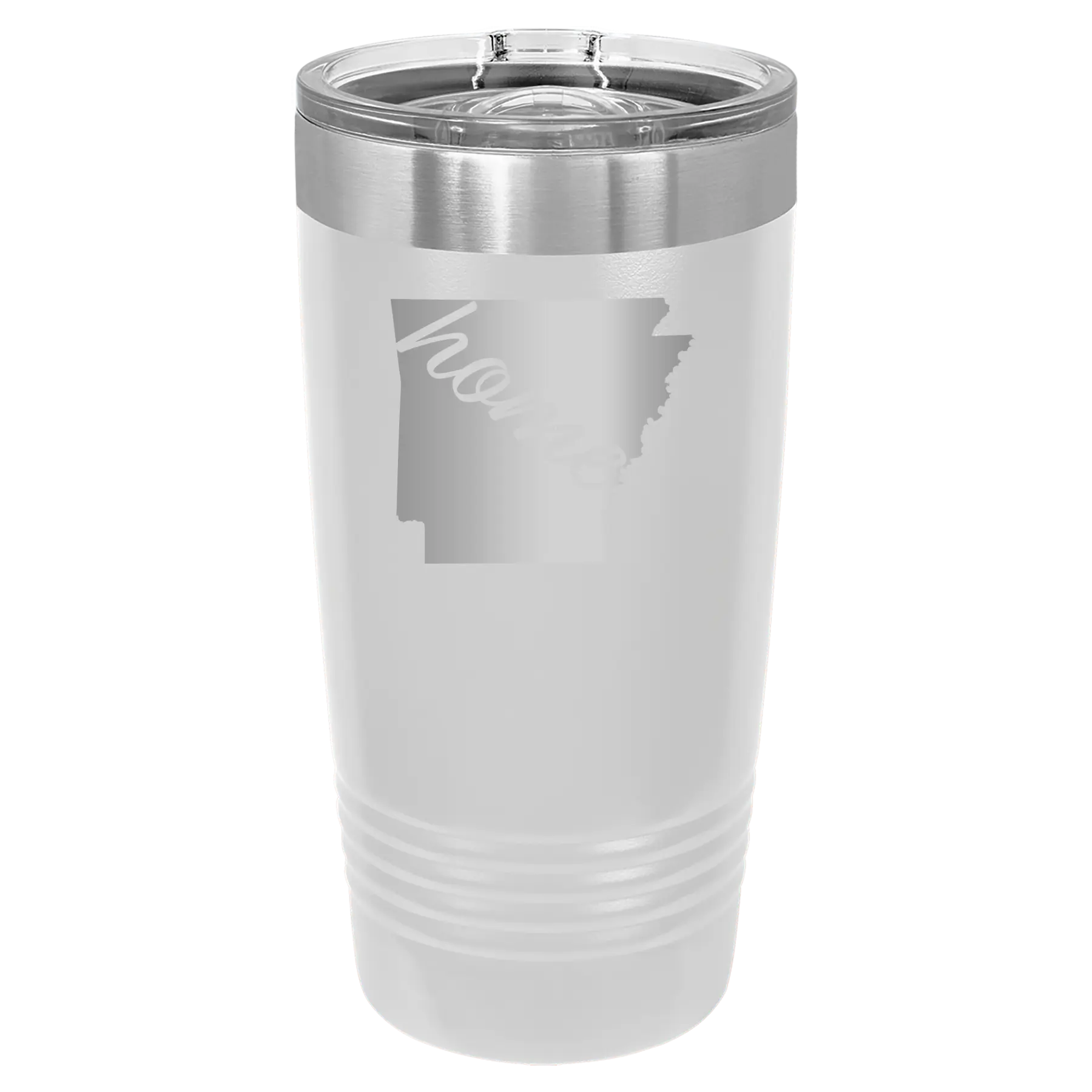 Laser etched white 20 oz vacuum insulated tumbler with 'Arkansas Home' design