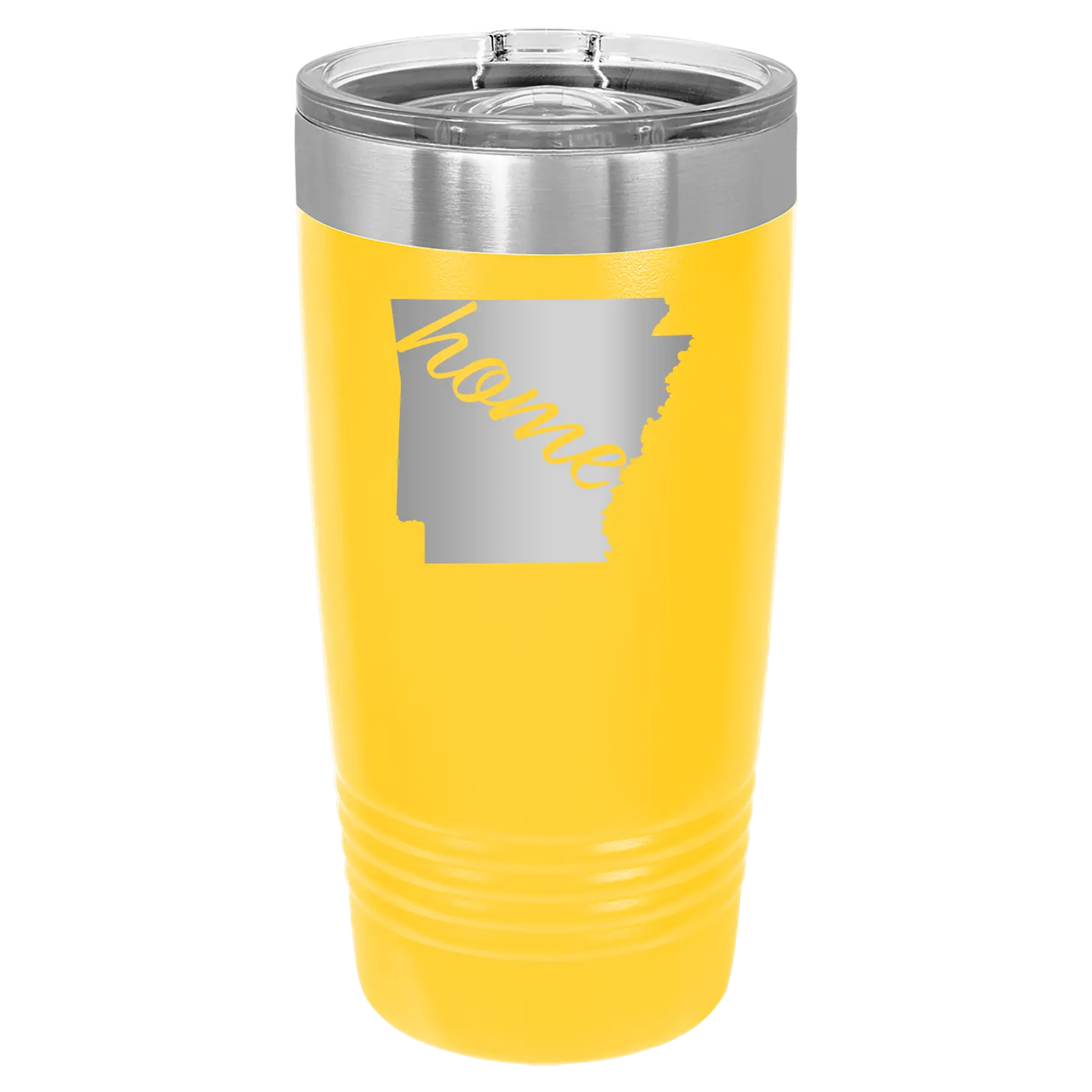 Laser etched yellow 20 oz vacuum insulated tumbler with 'Arkansas Home' design