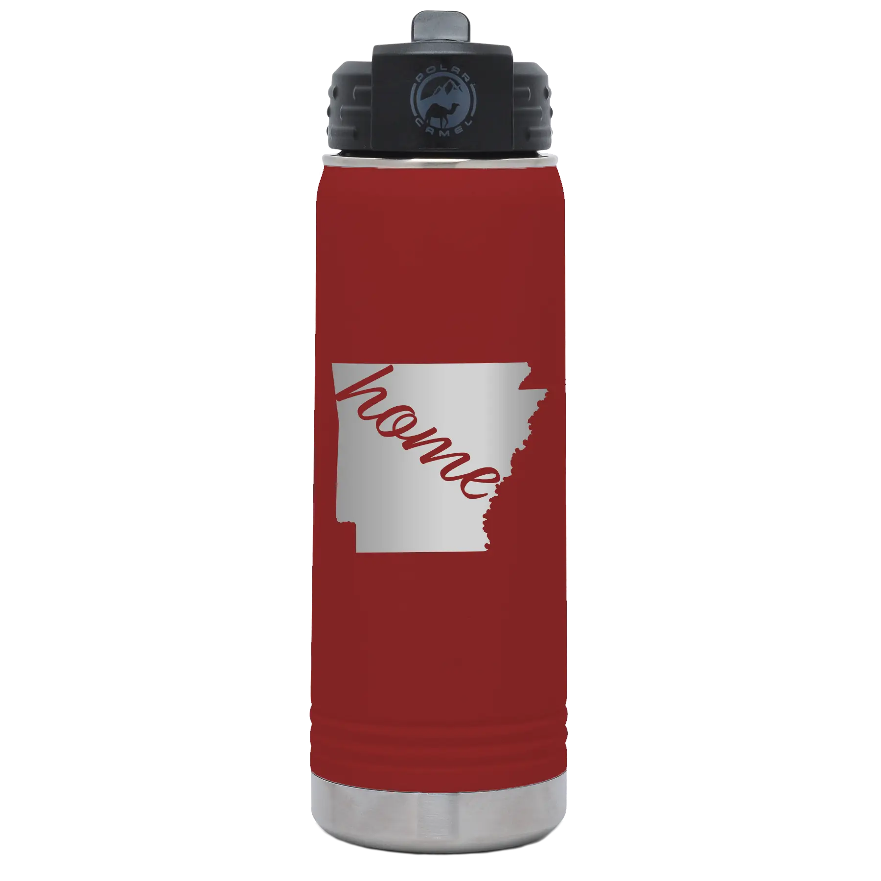 Laser etched maroon 20 oz vacuum insulated water bottle with 'Arkansas Home' design