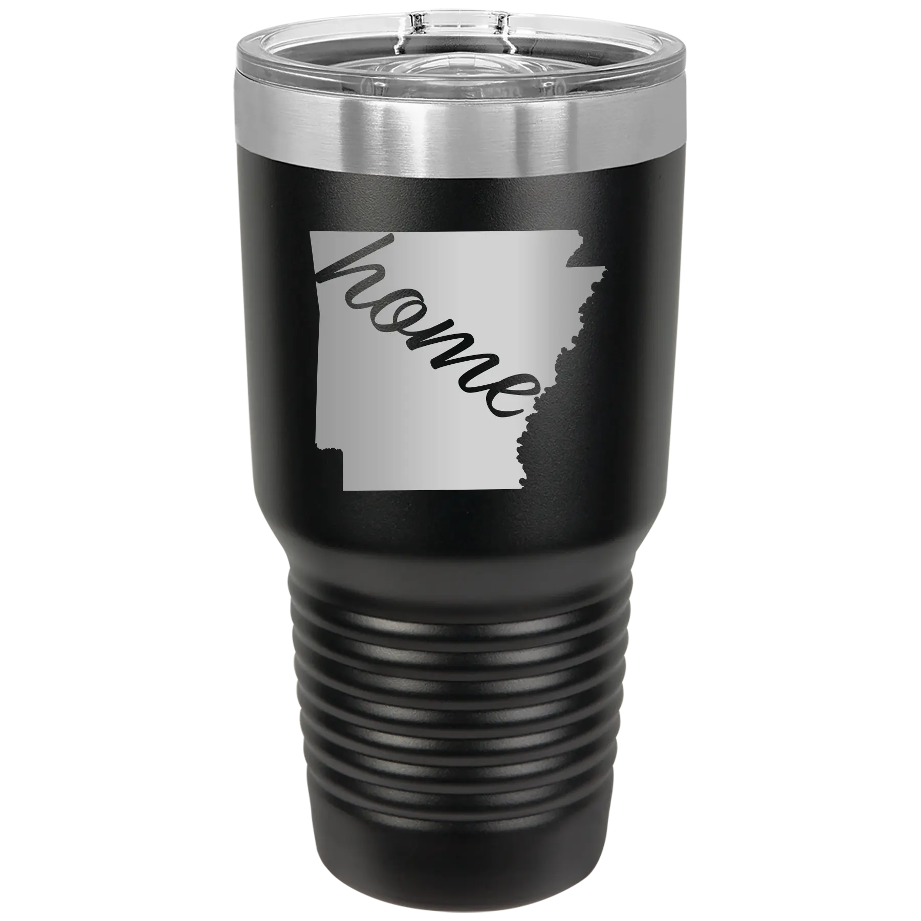 Laser etched black 30 oz vacuum insulated tumbler with 'Arkansas Home' design