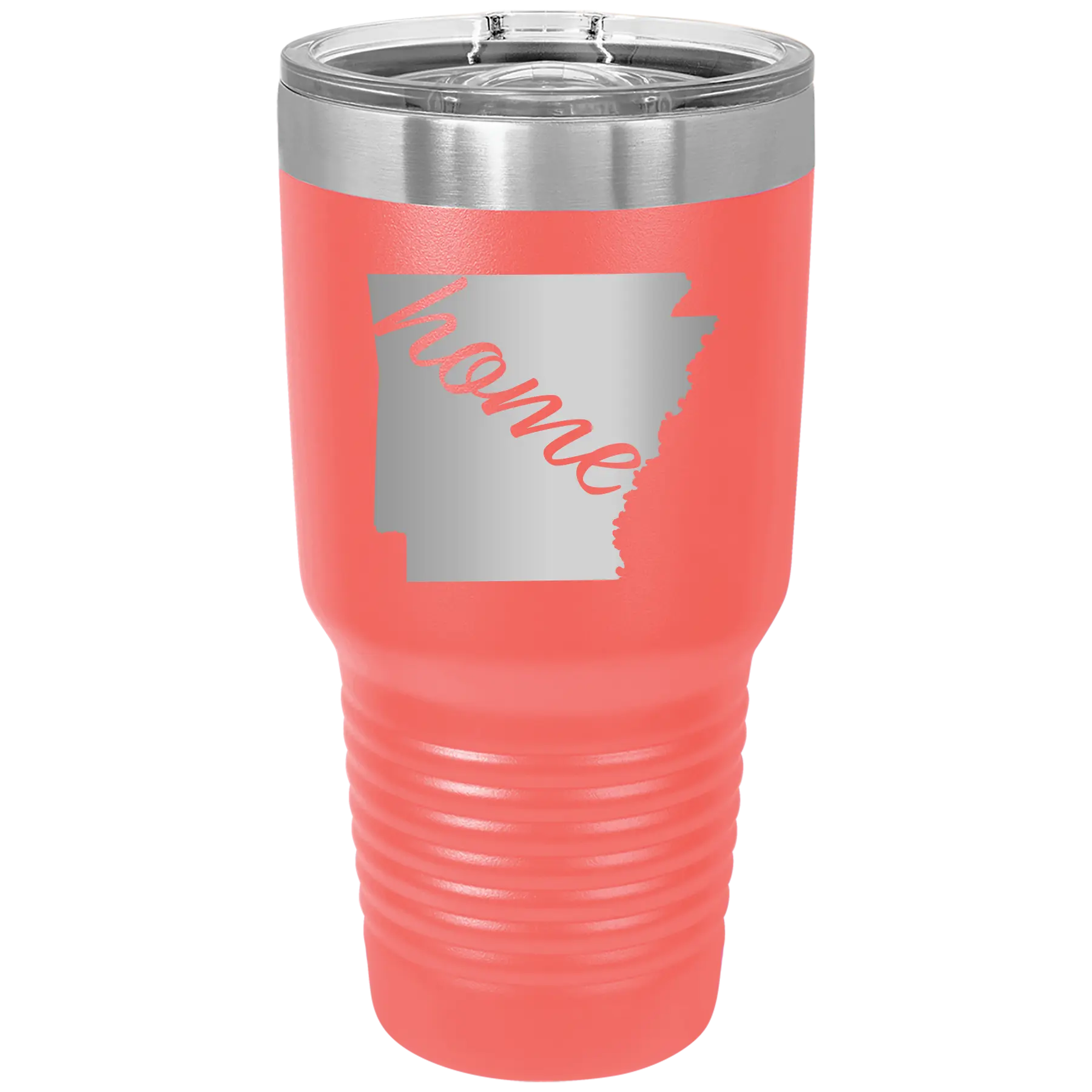 Laser etched coral 30 oz vacuum insulated tumbler with 'Arkansas Home' design