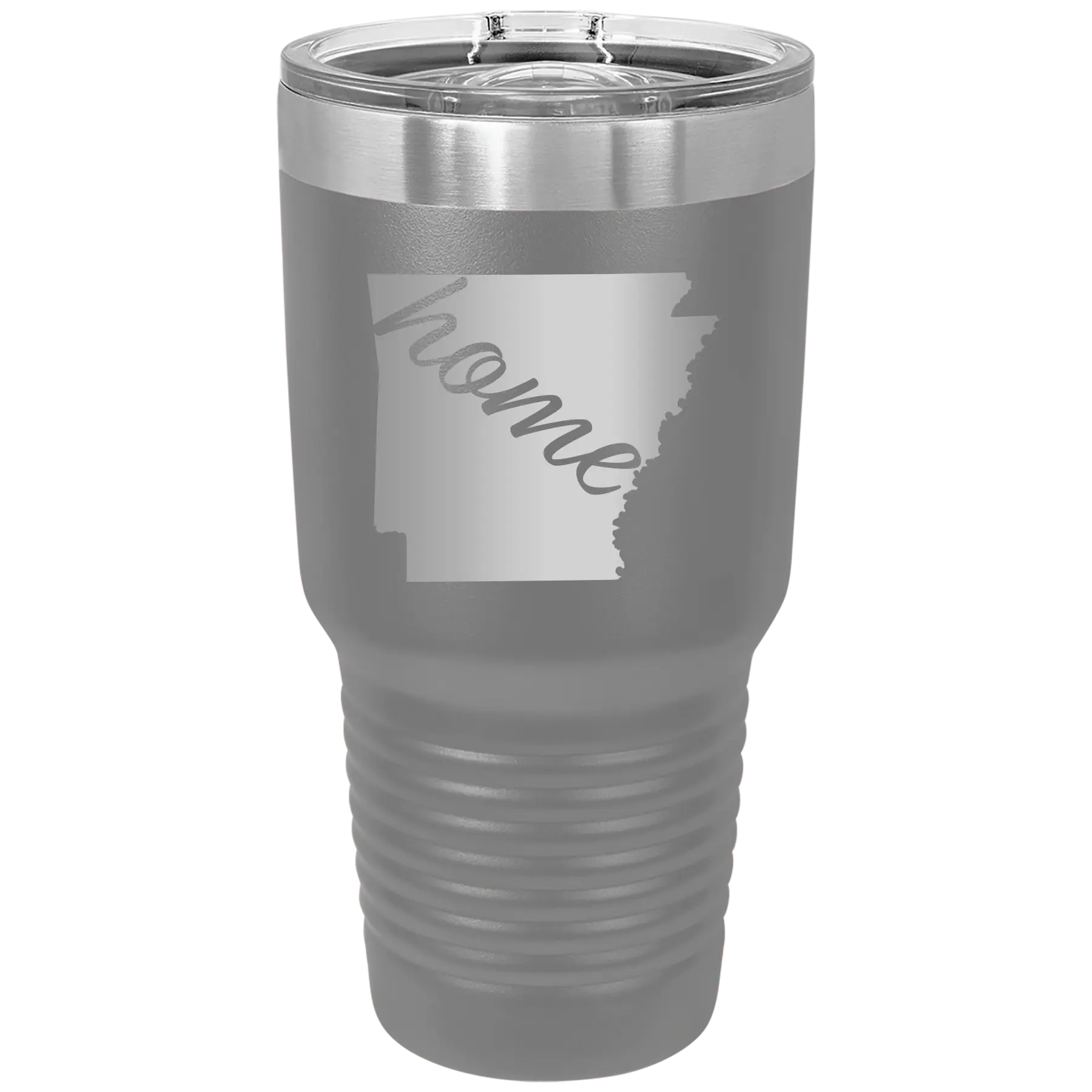 Laser etched dark gray 30 oz vacuum insulated tumbler with 'Arkansas Home' design