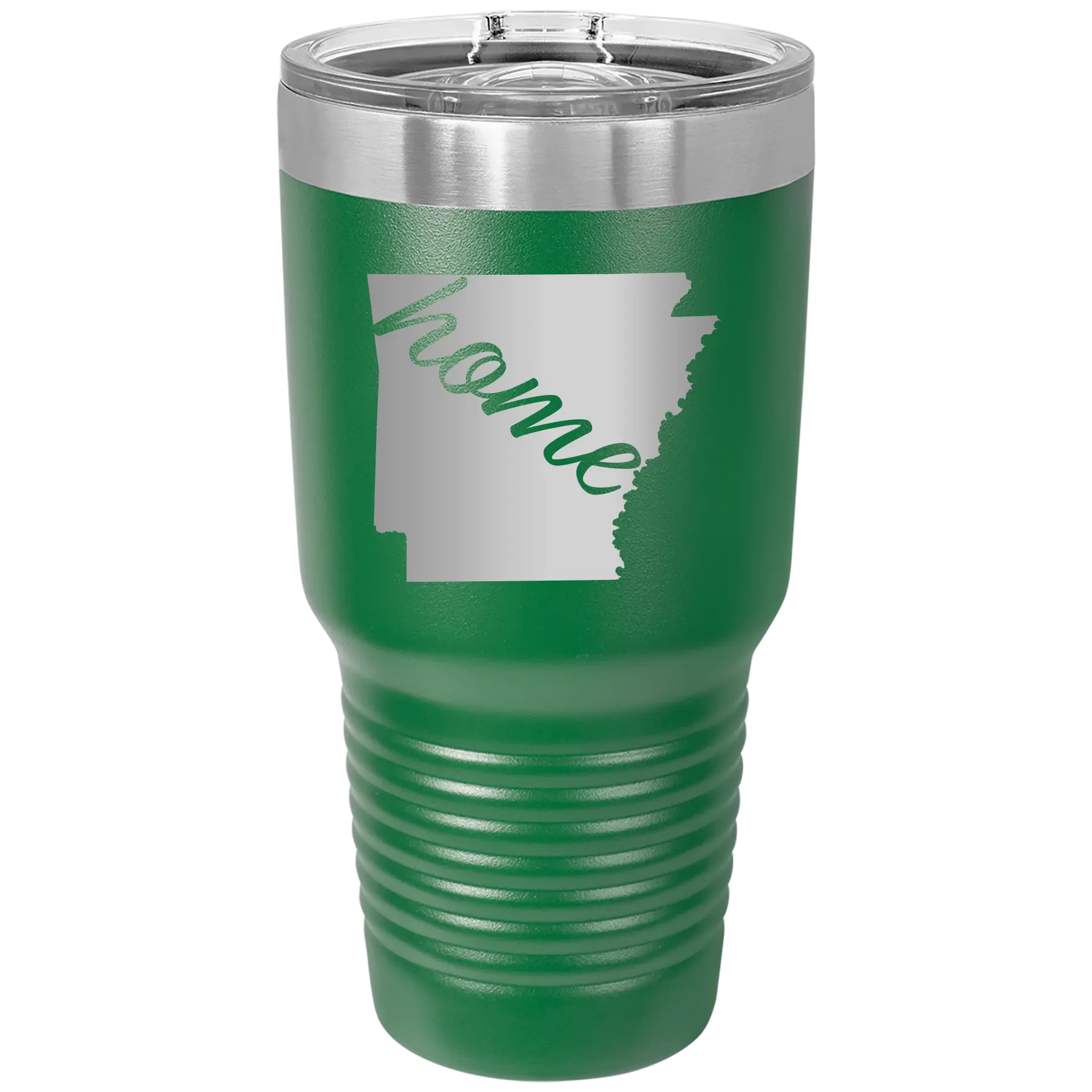 Laser etched green 30 oz vacuum insulated tumbler with 'Arkansas Home' design