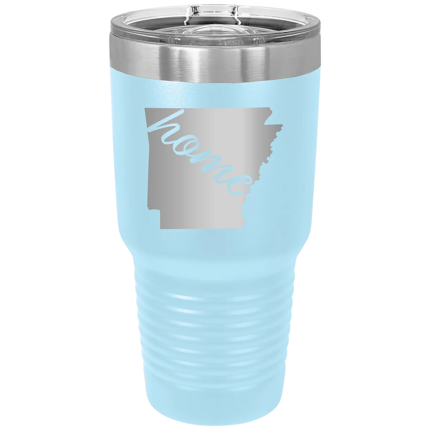 Laser etched light blue 30 oz vacuum insulated tumbler with 'Arkansas Home' design