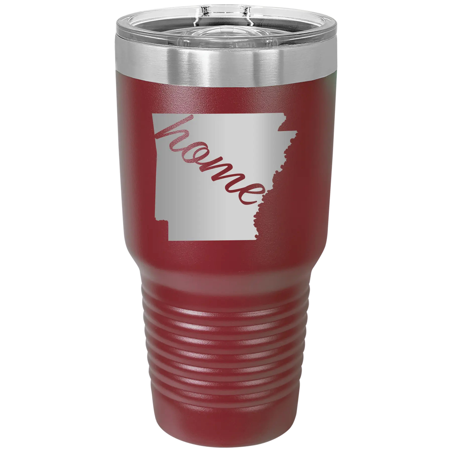 Laser etched maroon 30 oz vacuum insulated tumbler with 'Arkansas Home' design