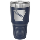 Laser etched navy 30 oz vacuum insulated tumbler with 'Arkansas Home' design