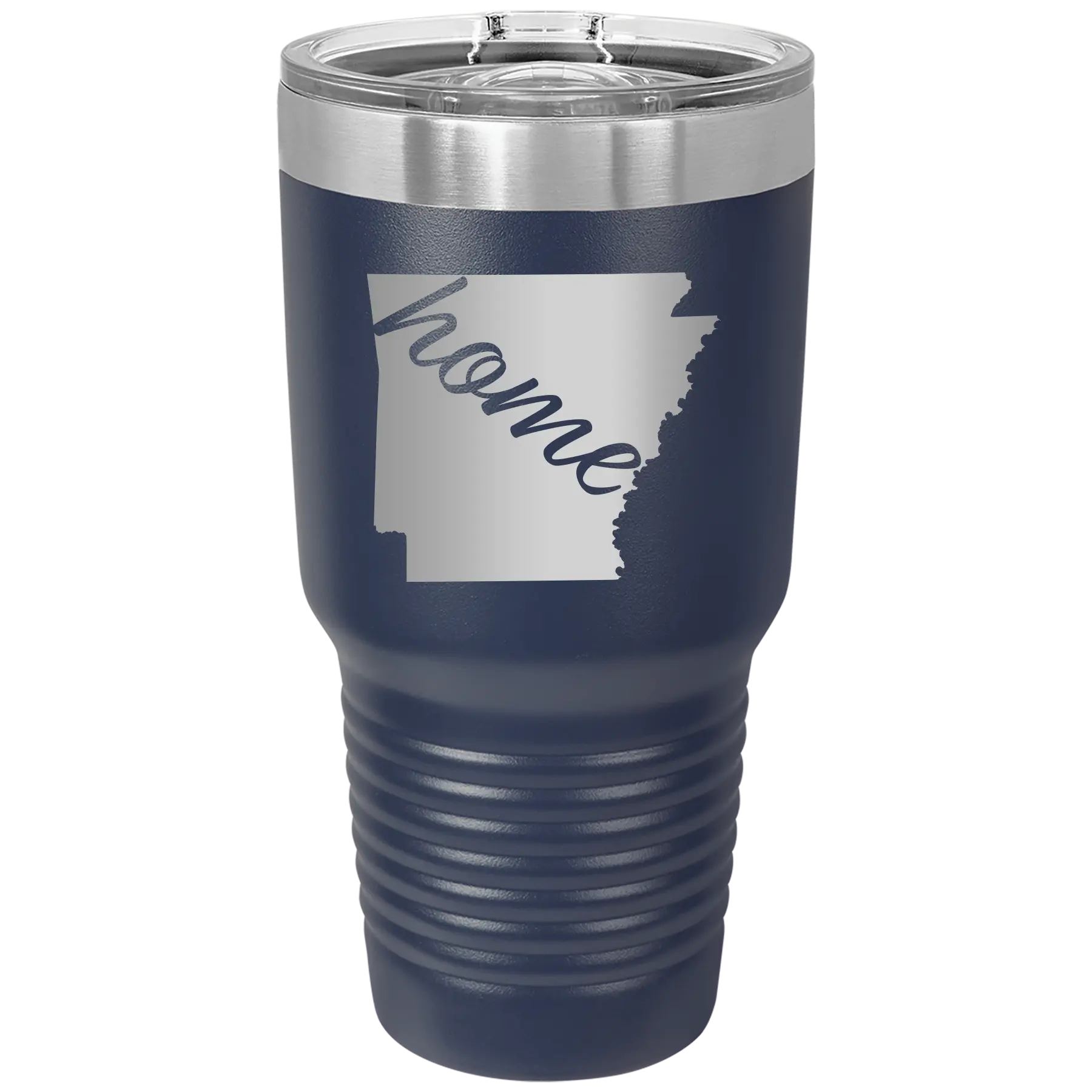 Laser etched navy 30 oz vacuum insulated tumbler with 'Arkansas Home' design