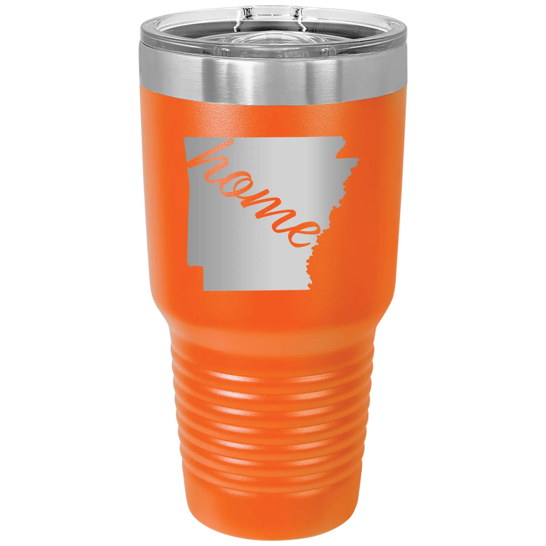 Laser etched orange 30 oz vacuum insulated tumbler with 'Arkansas Home' design