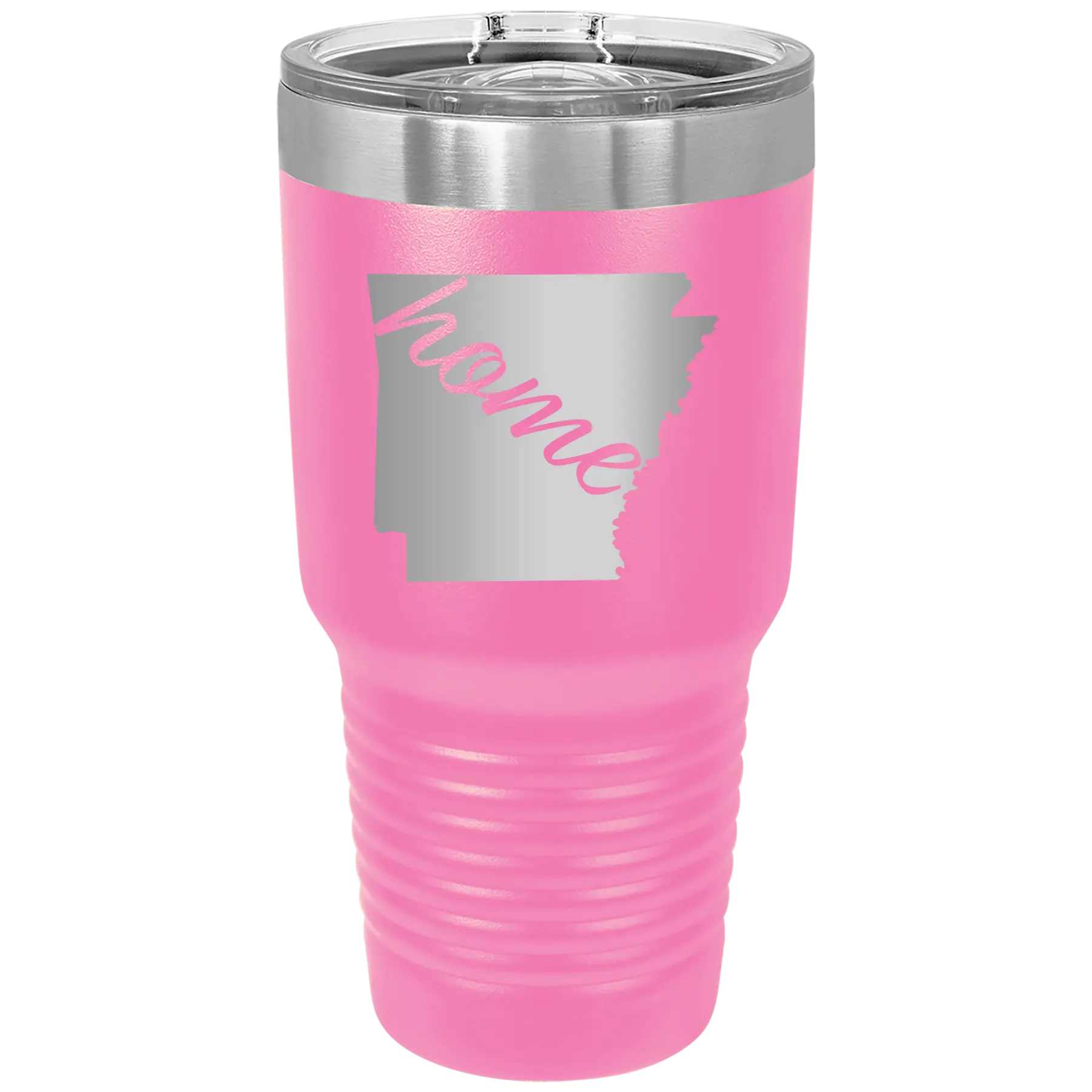 Laser etched pink 30 oz vacuum insulated tumbler with 'Arkansas Home' design