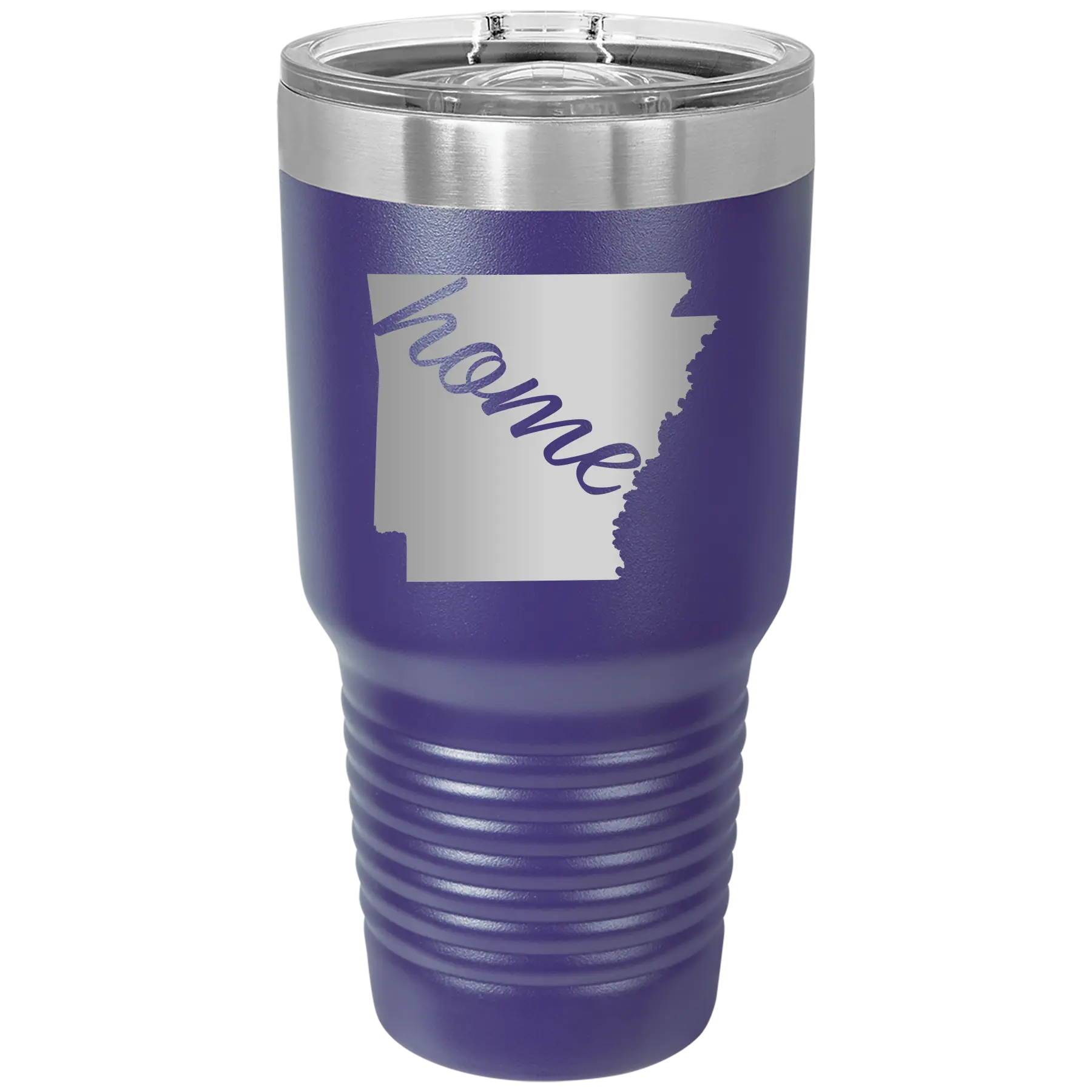 Laser etched purple 30 oz vacuum insulated tumbler with 'Arkansas Home' design