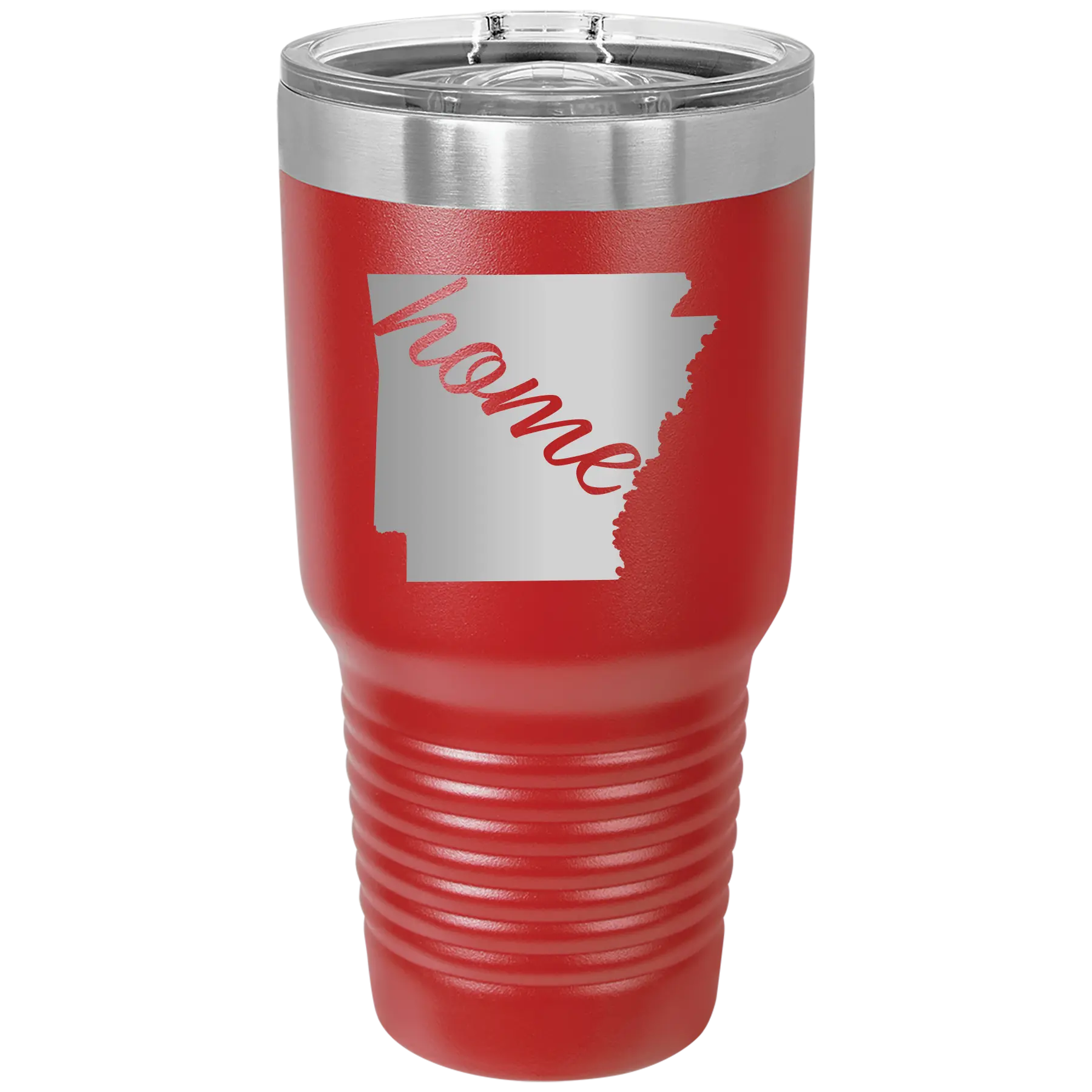 Laser etched red 30 oz vacuum insulated tumbler with 'Arkansas Home' design