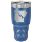 Laser etched royal blue 30 oz vacuum insulated tumbler with 'Arkansas Home' design