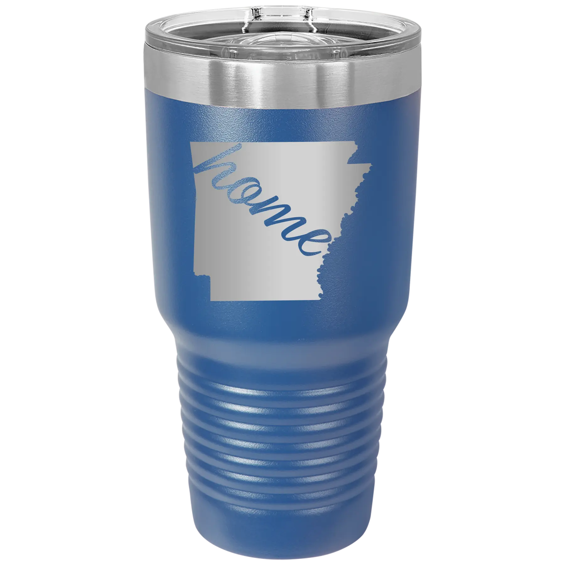 Laser etched royal blue 30 oz vacuum insulated tumbler with 'Arkansas Home' design