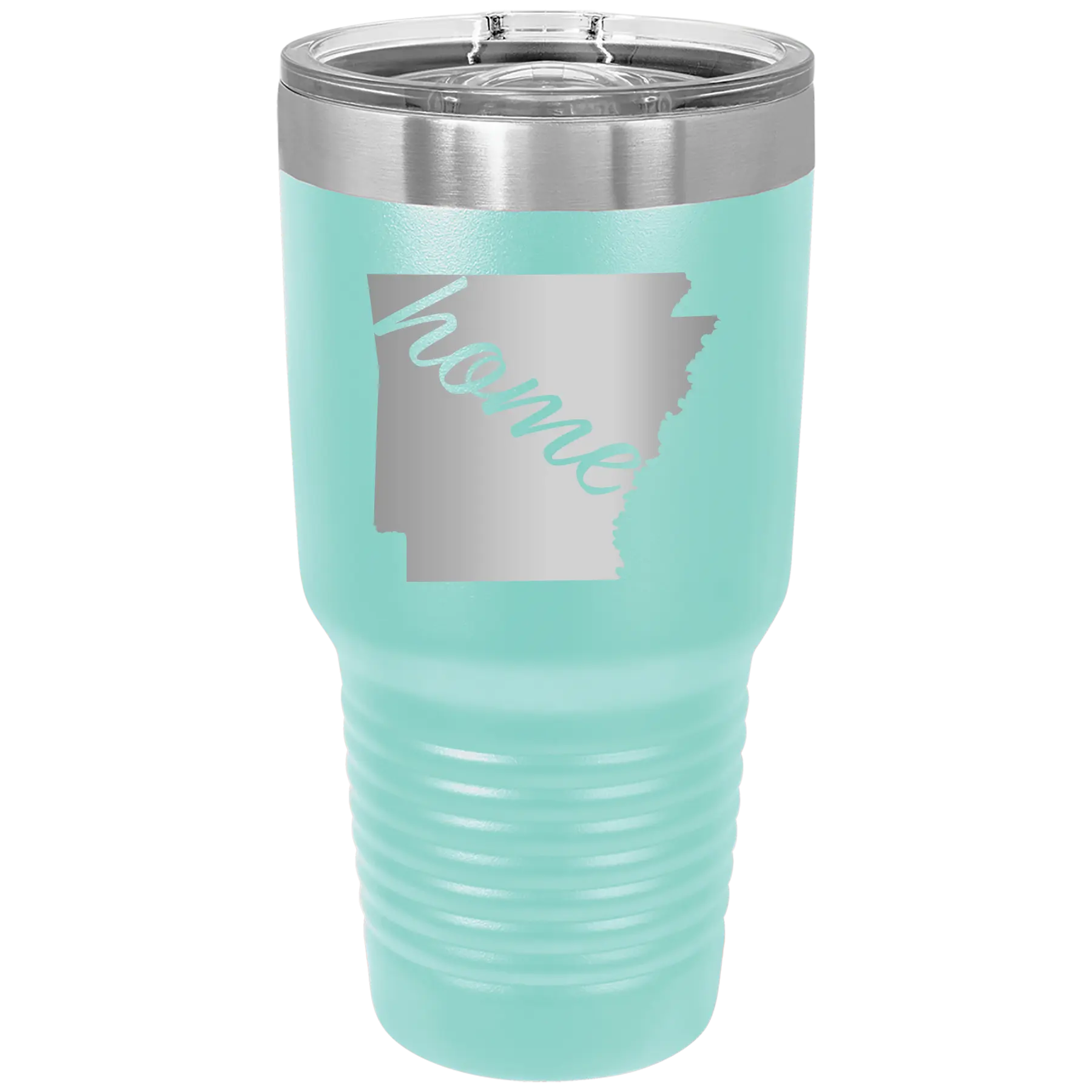 Laser etched teal 30 oz vacuum insulated tumbler with 'Arkansas Home' design