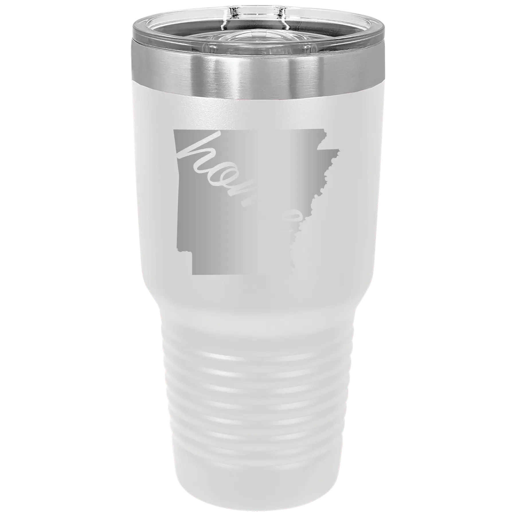 Laser etched white 30 oz vacuum insulated tumbler with 'Arkansas Home' design