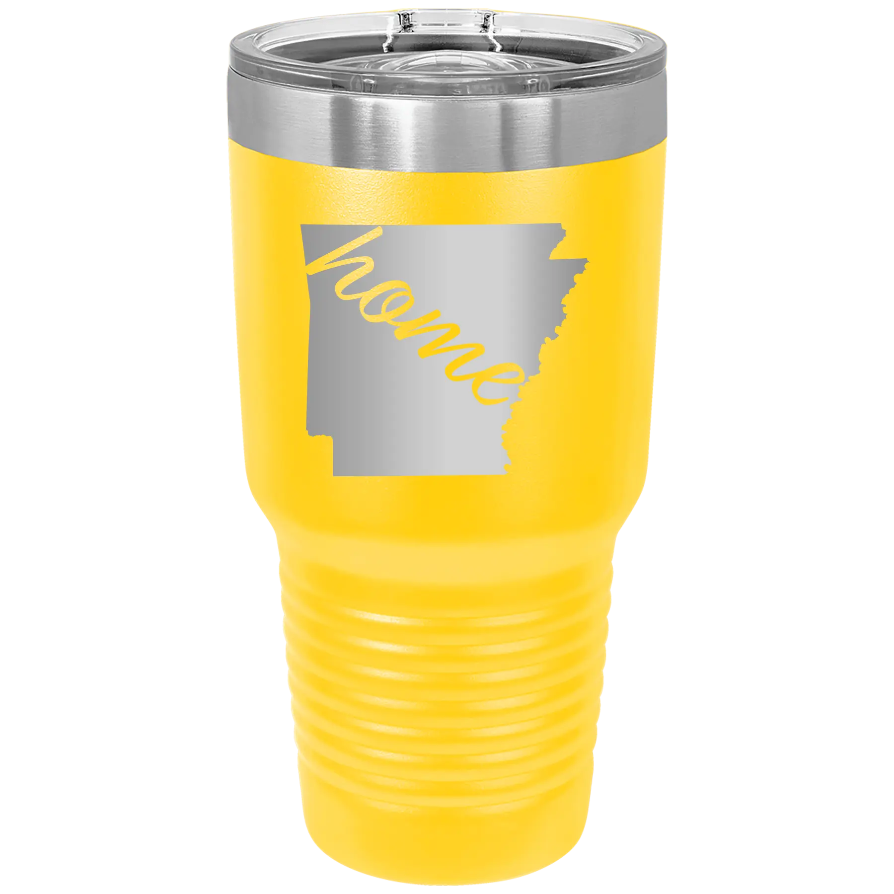 Laser etched yellow 30 oz vacuum insulated tumbler with 'Arkansas Home' design