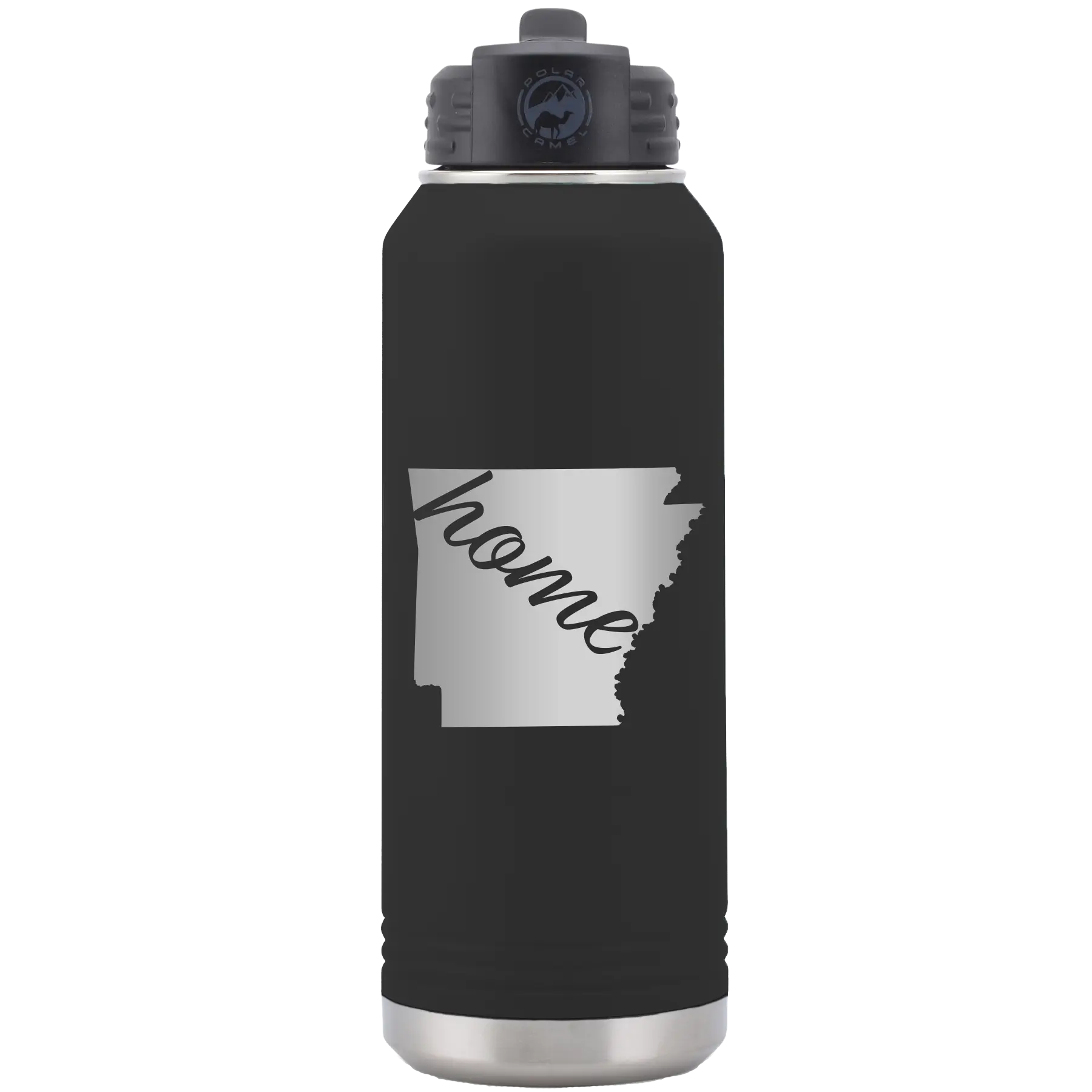 Laser etched black 32 oz vacuum insulated water bottle with 'Arkansas Home' design