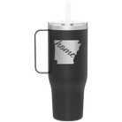 Laser etched black 40 oz vacuum insulated tumbler mug with 'Arkansas Home' design