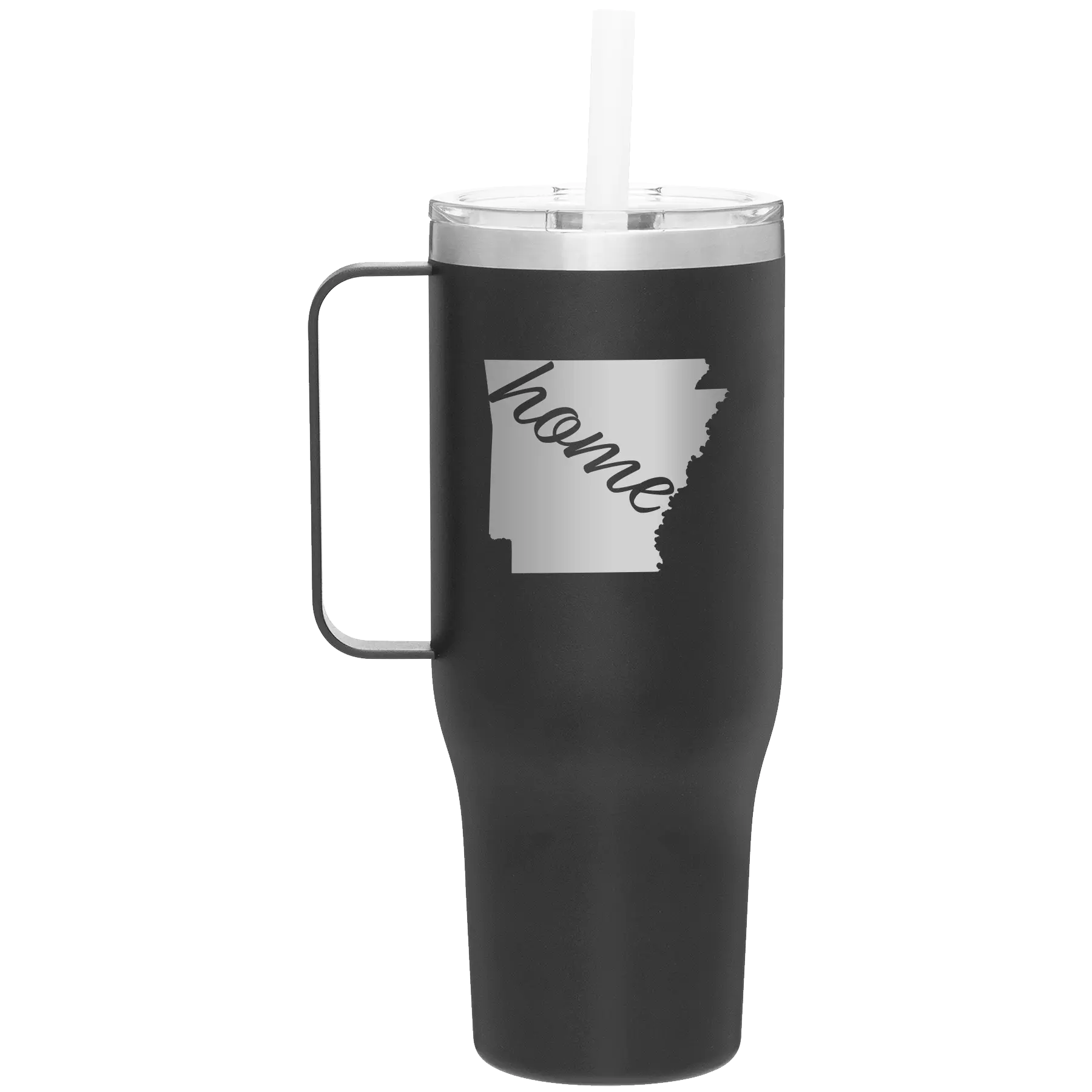 Laser etched black 40 oz vacuum insulated tumbler mug with 'Arkansas Home' design