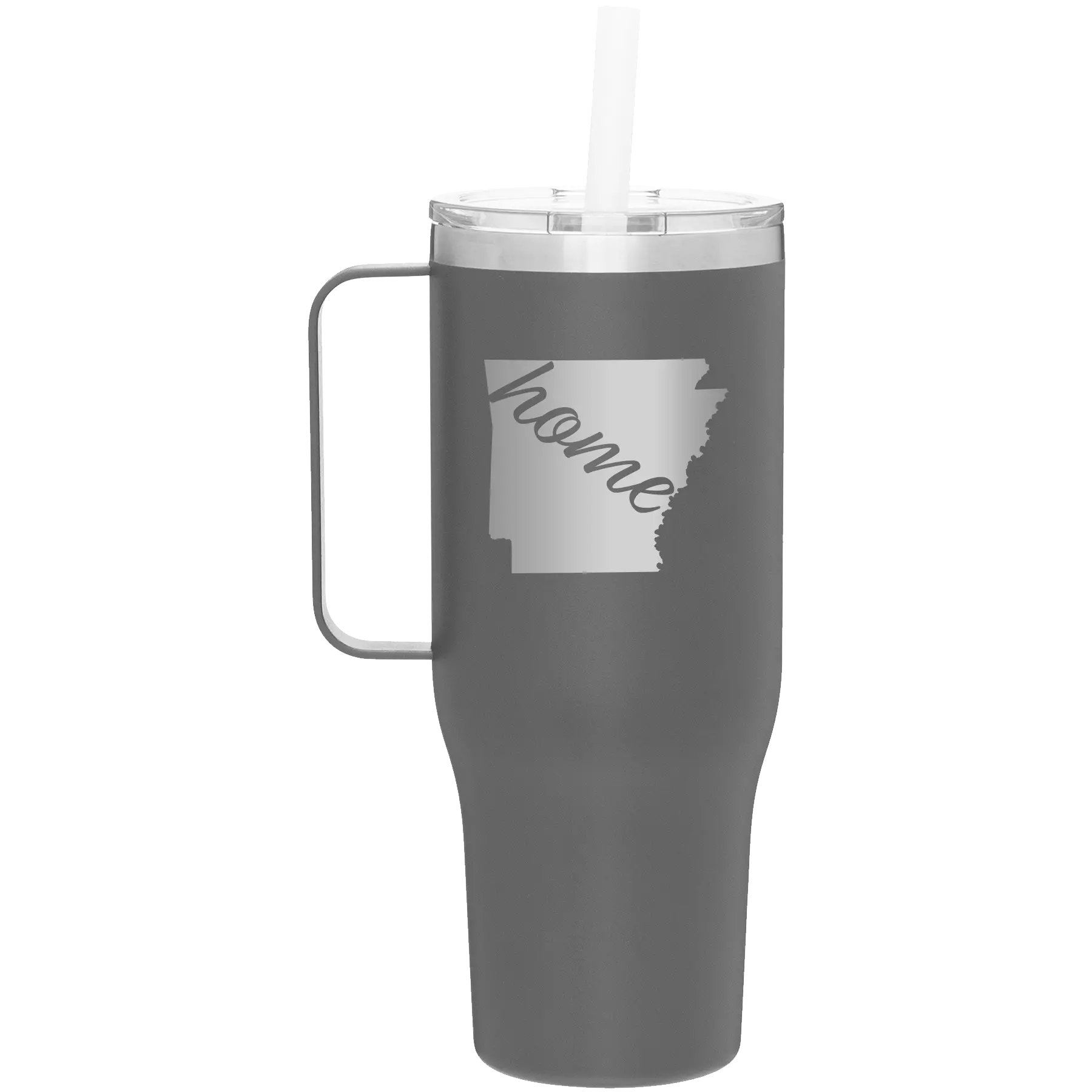 Laser etched slate 40 oz vacuum insulated tumbler mug with 'Arkansas Home' design
