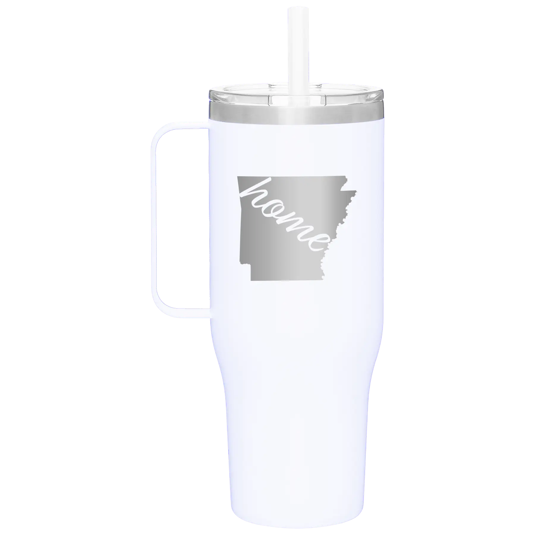 Laser etched white 40 oz vacuum insulated tumbler mug with 'Arkansas Home' design