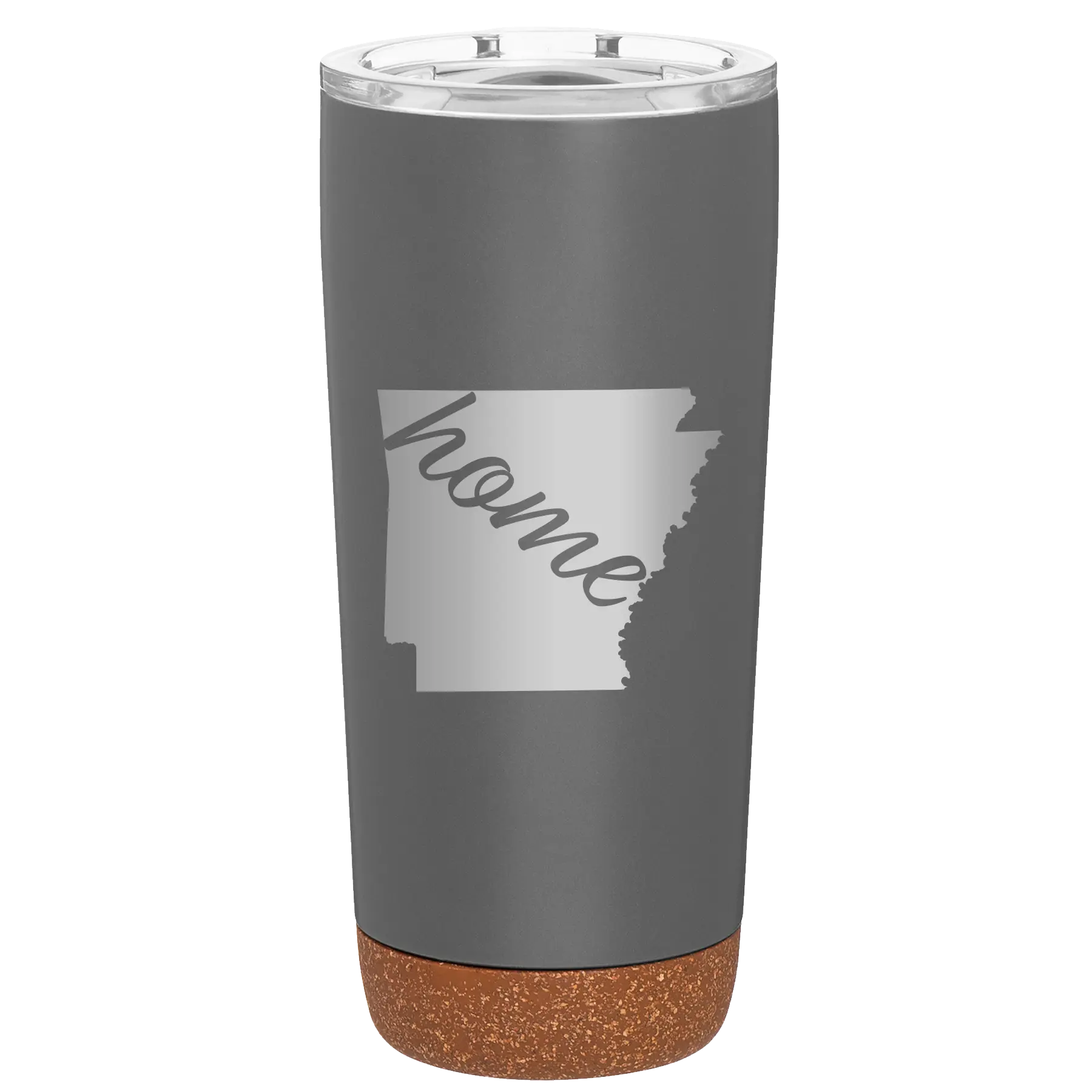 Laser etched storm gray 20 oz vacuum insulated tumbler with 'Arkansas Home' design