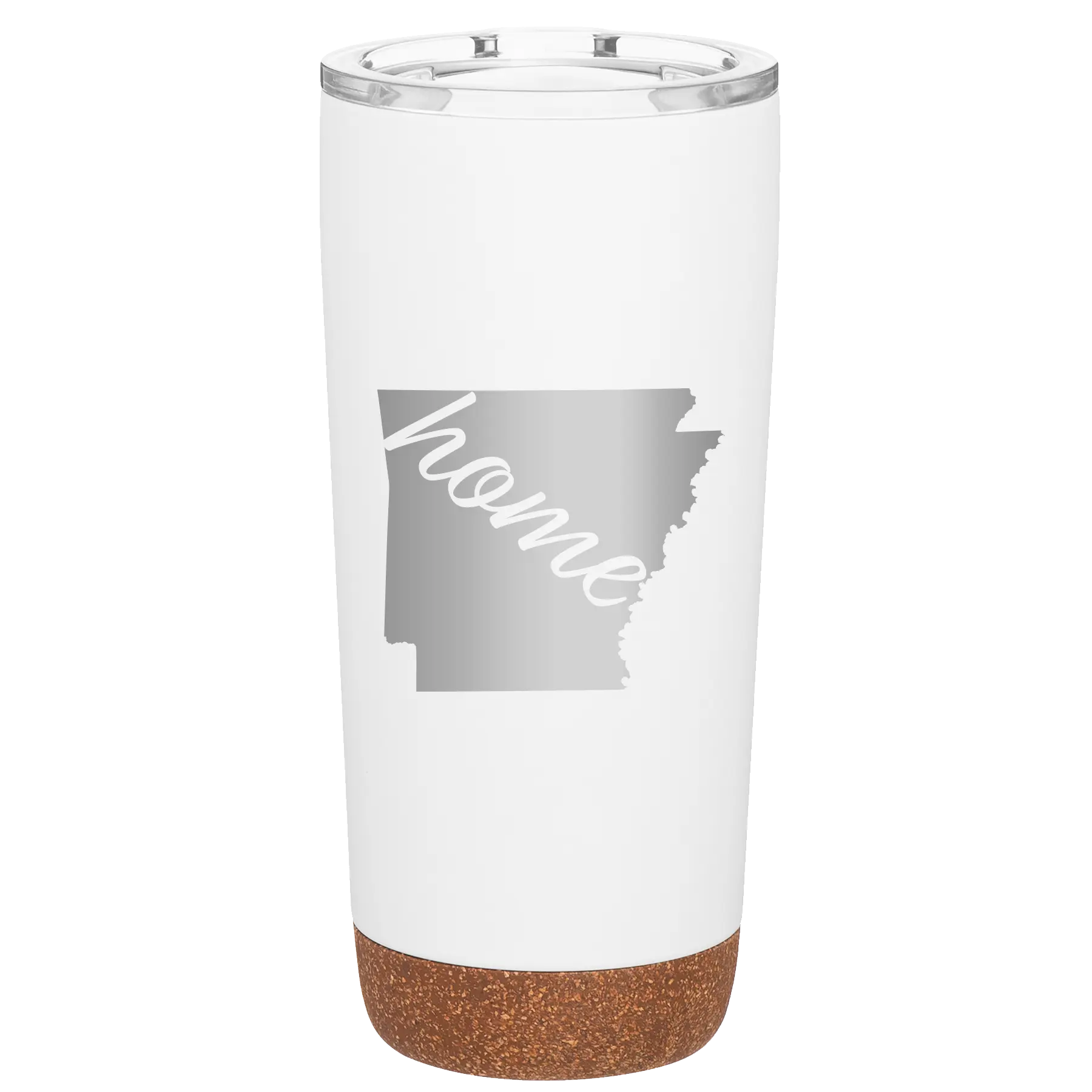 Laser etched white 20 oz vacuum insulated tumbler with 'Arkansas Home' design