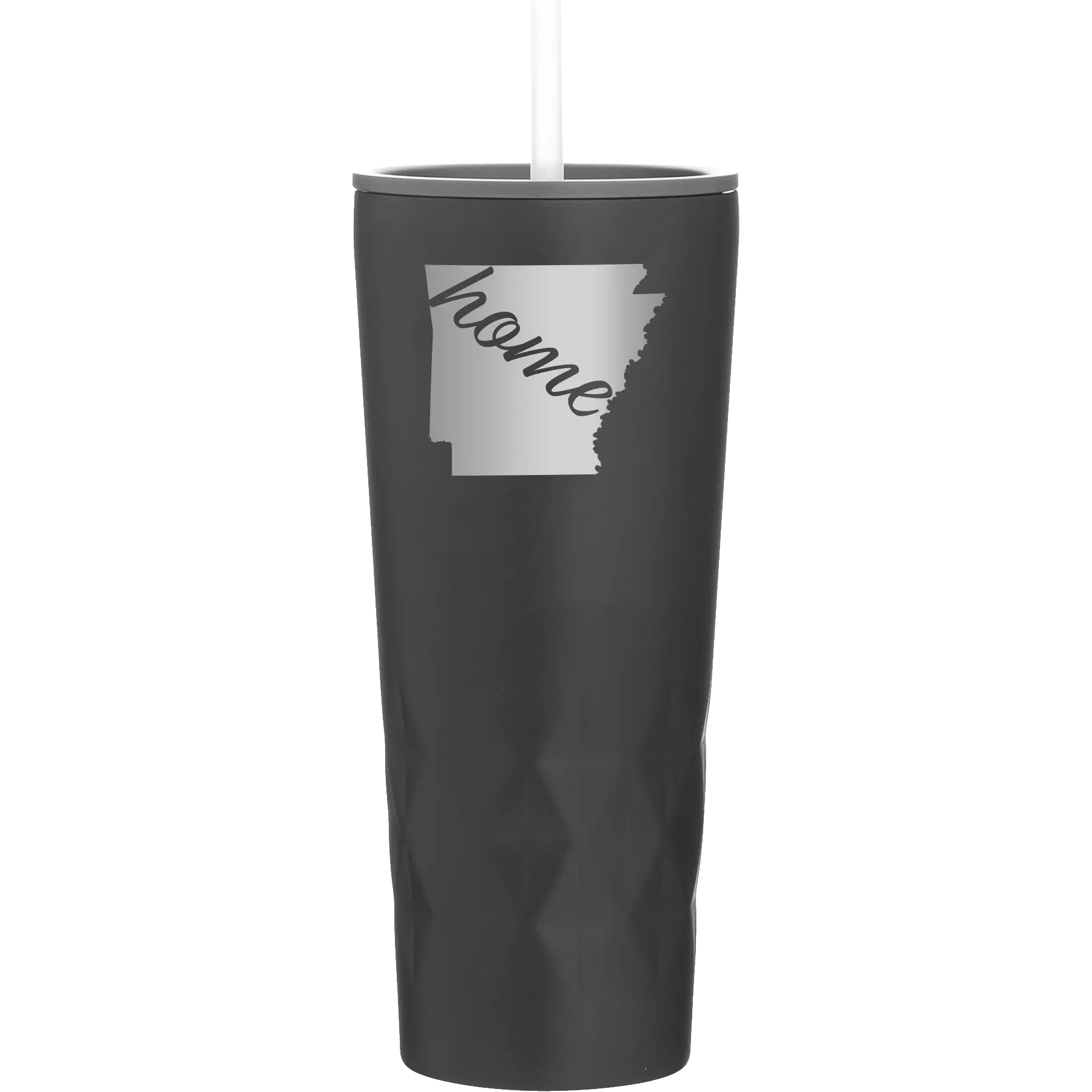 Laser etched black 20 oz vacuum insulated tumbler with 'Arkansas Home' design