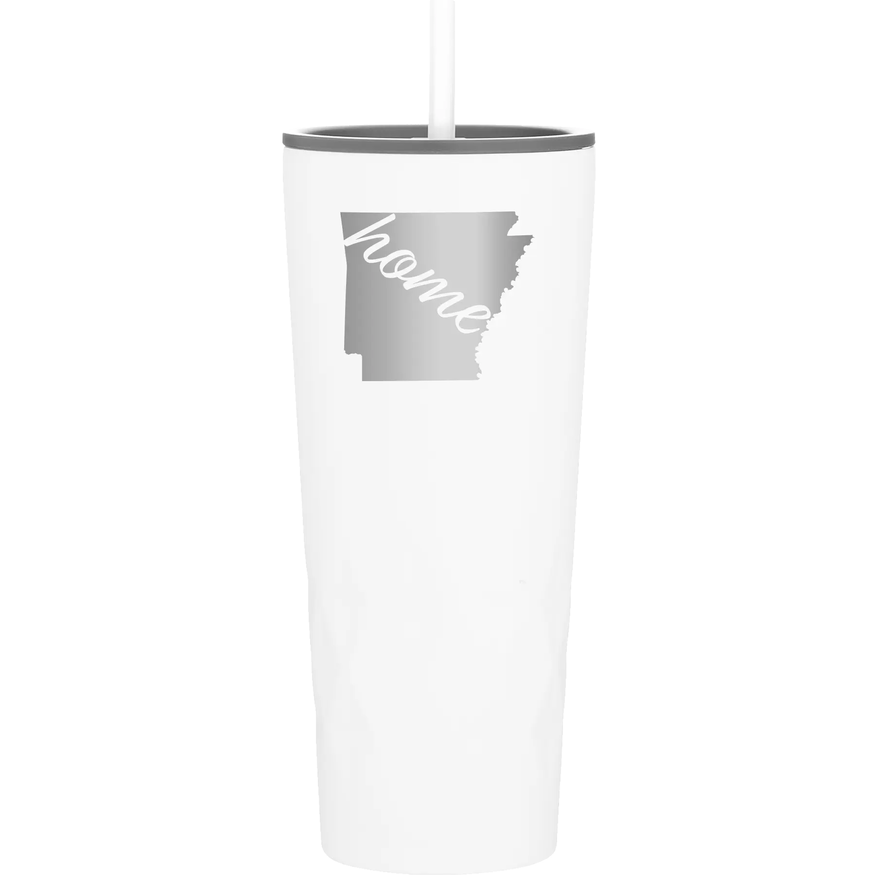 Laser etched white 20 oz vacuum insulated tumbler with 'Arkansas Home' design