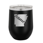 Laser etched black 12 oz vacuum insulated wine cup with 'Arkansas Home' design