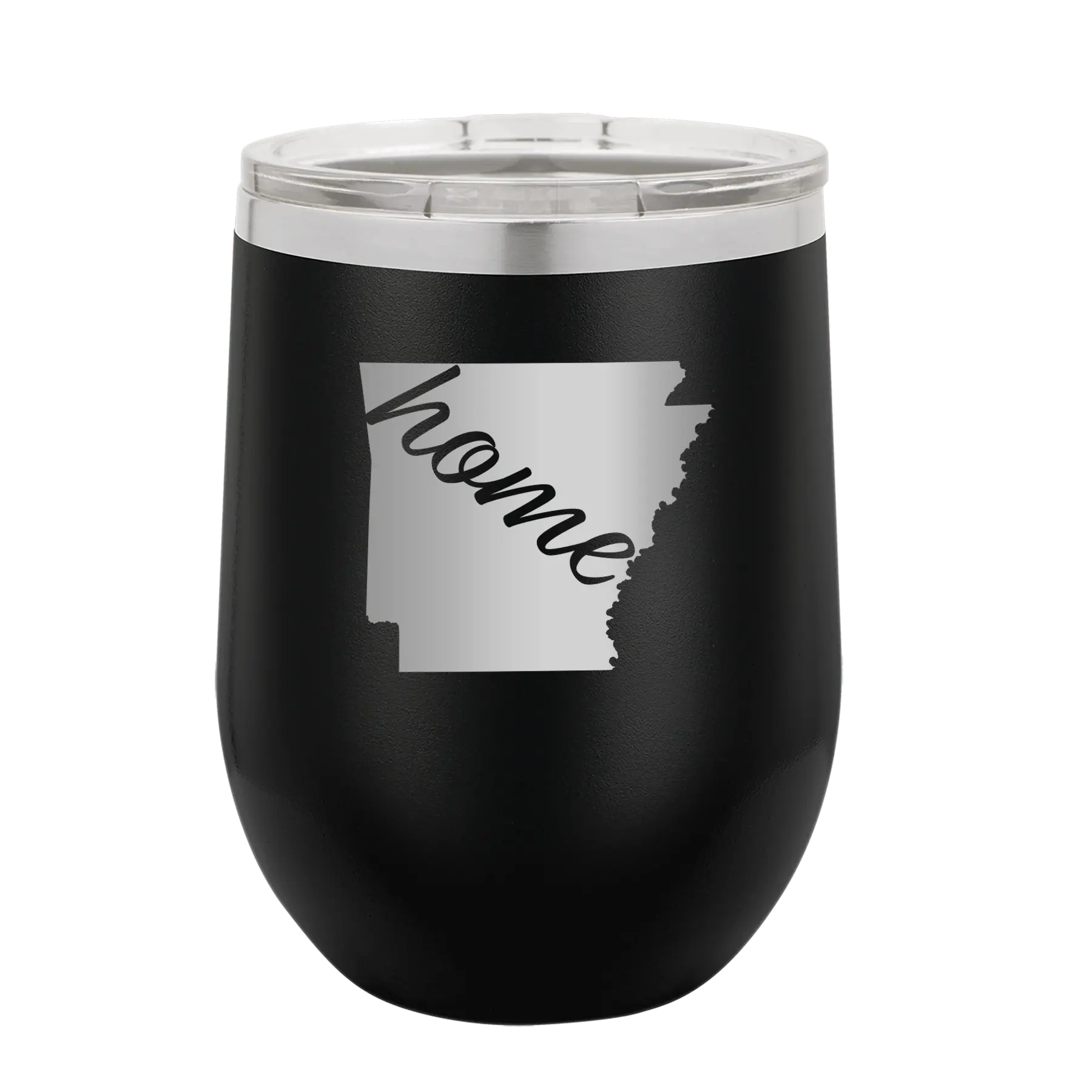 Laser etched black 12 oz vacuum insulated wine cup with 'Arkansas Home' design