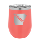 Laser etched coral 12 oz vacuum insulated wine cup with 'Arkansas Home' design