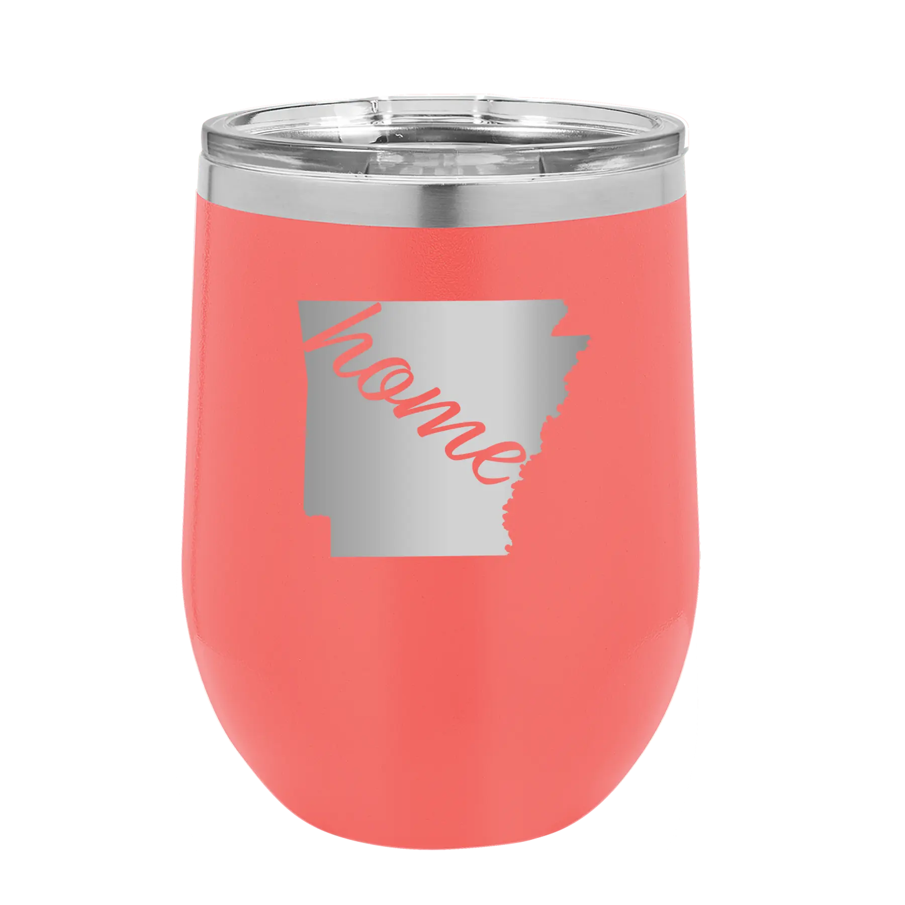 Laser etched coral 12 oz vacuum insulated wine cup with 'Arkansas Home' design