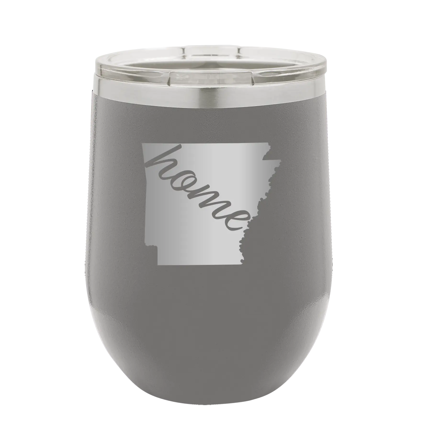 Laser etched dark gray 12 oz vacuum insulated wine cup with 'Arkansas Home' design