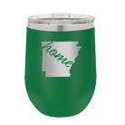 Laser etched green 12 oz vacuum insulated wine cup with 'Arkansas Home' design