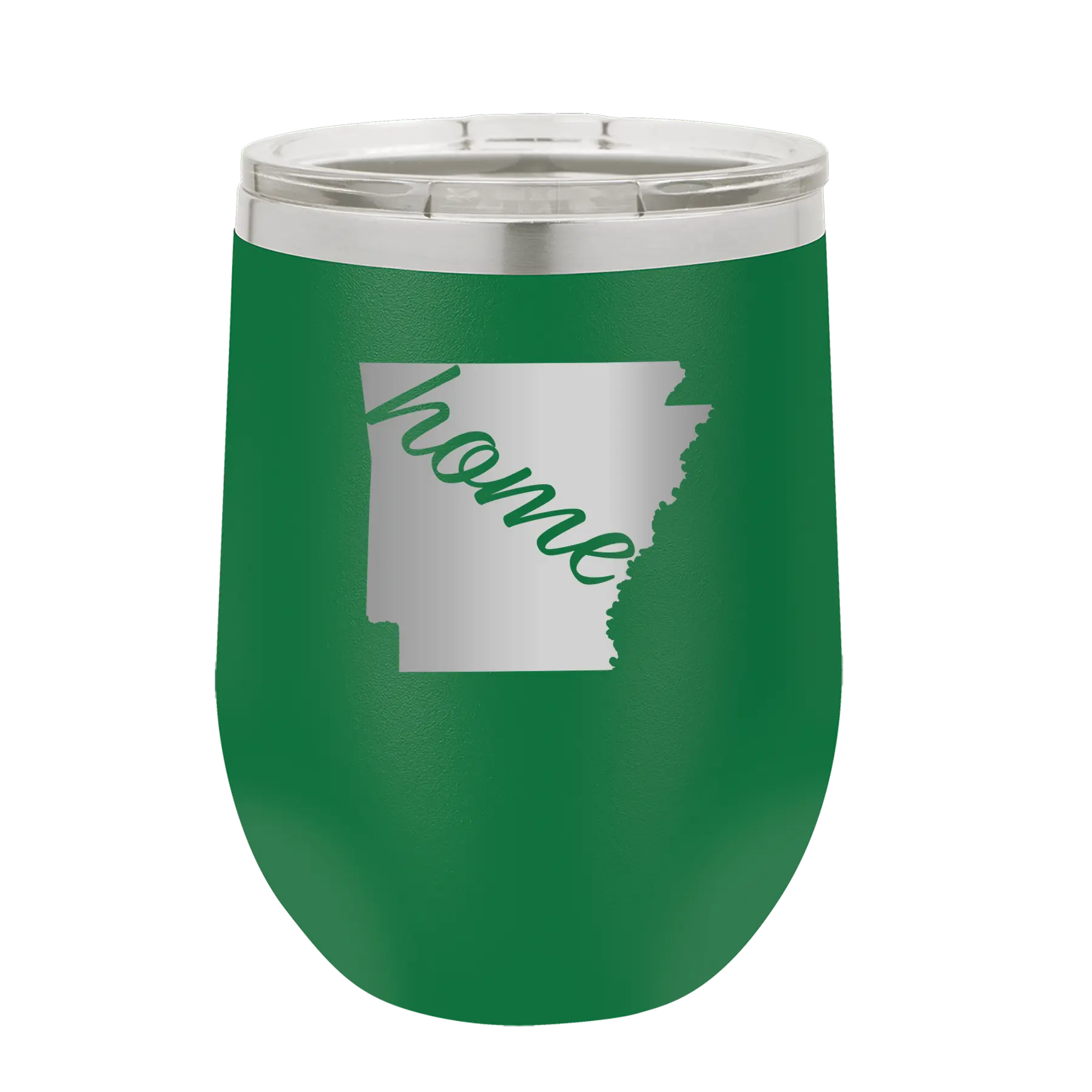 Laser etched green 12 oz vacuum insulated wine cup with 'Arkansas Home' design
