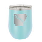 Laser etched light blue 12 oz vacuum insulated wine cup with 'Arkansas Home' design