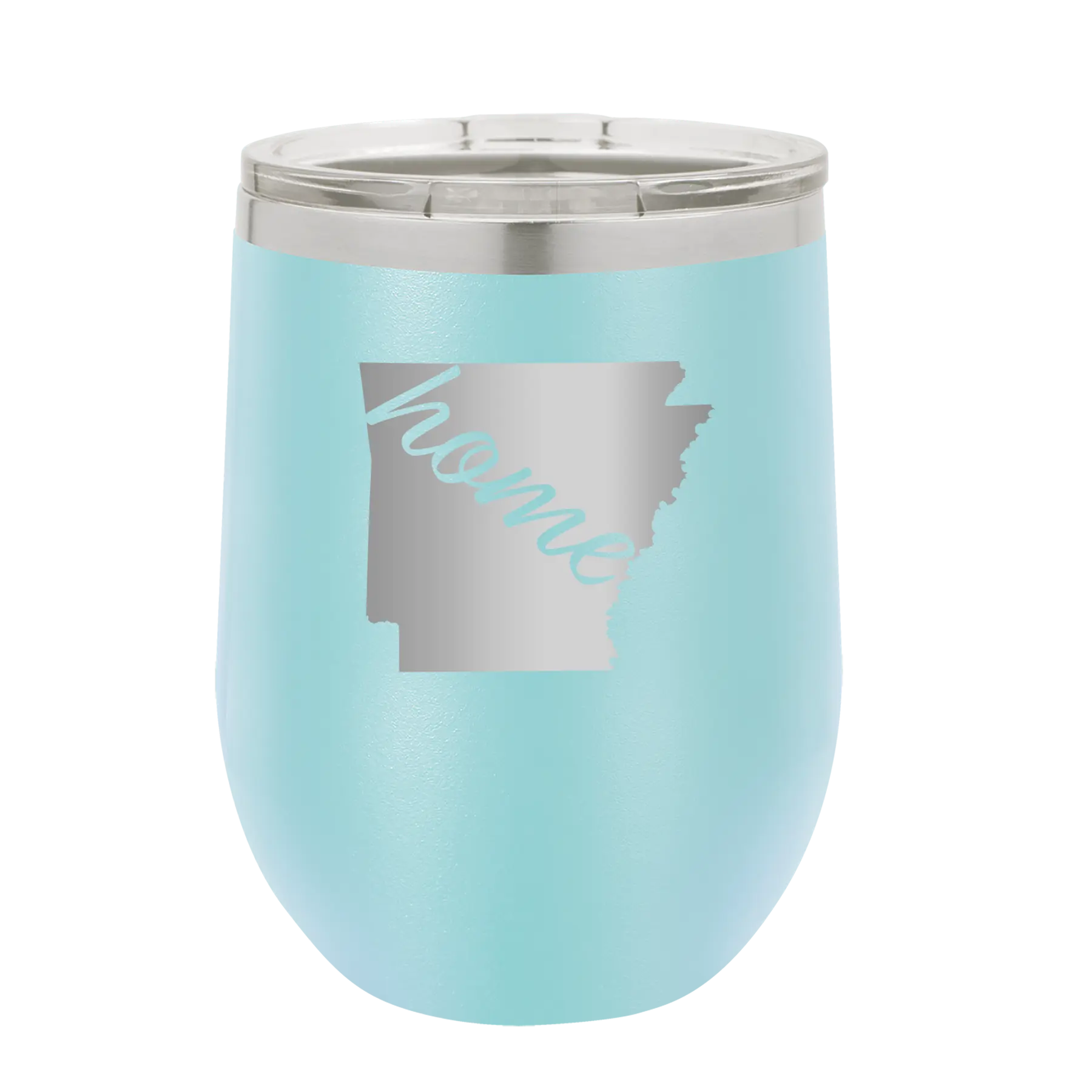Laser etched light blue 12 oz vacuum insulated wine cup with 'Arkansas Home' design