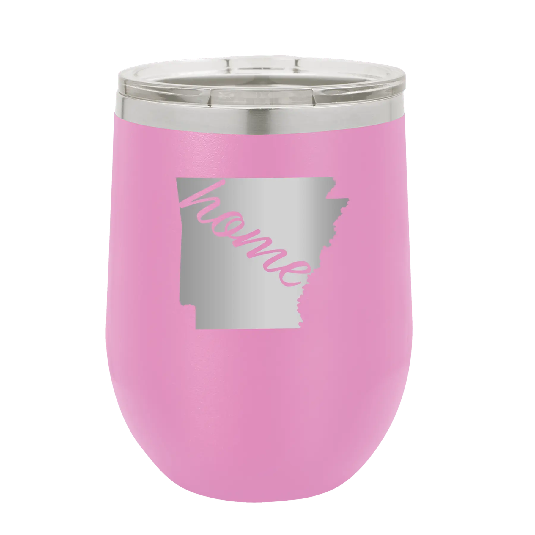 Laser etched light purple 12 oz vacuum insulated wine cup with 'Arkansas Home' design
