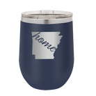 Laser etched navy 12 oz vacuum insulated wine cup with 'Arkansas Home' design