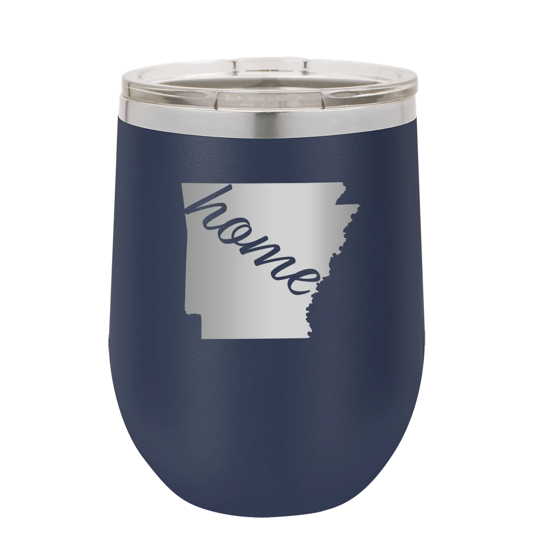 Laser etched navy 12 oz vacuum insulated wine cup with 'Arkansas Home' design